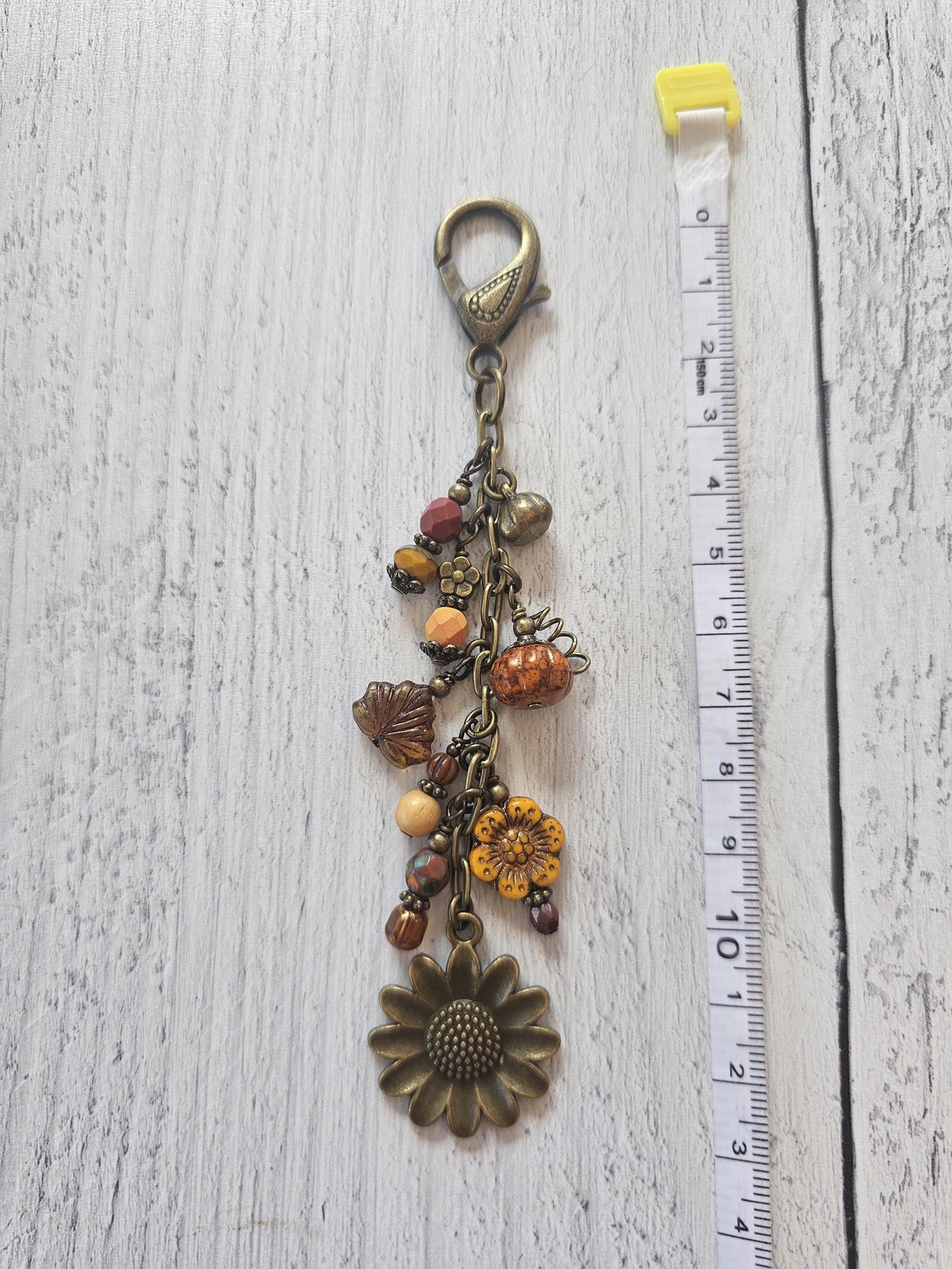Boho Style Pumpkin Beaded Bag Charm Zipper Pull With Bronze Plated Sunflower Charm, Perfect for Fall!