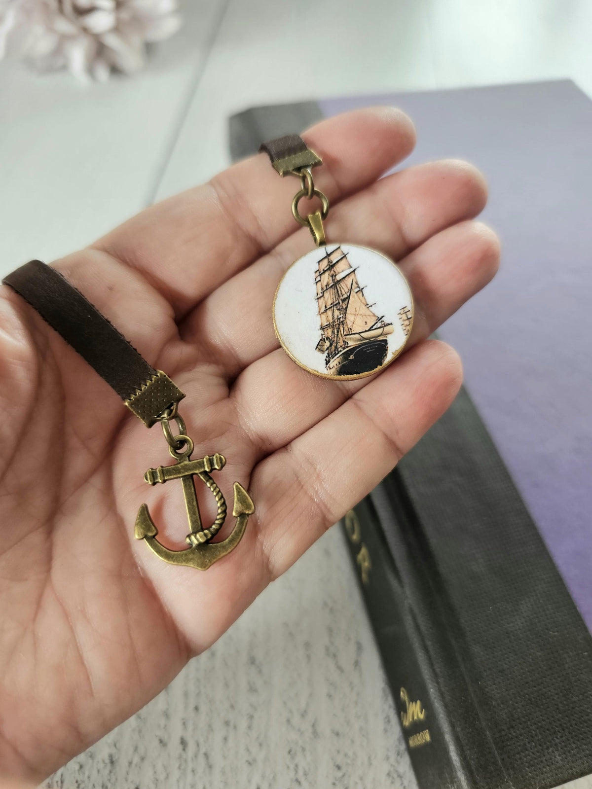 Sailing Ship Bookmark, Vintage Style Leather Bookmarker, Men's Reader Gift, Father's Day