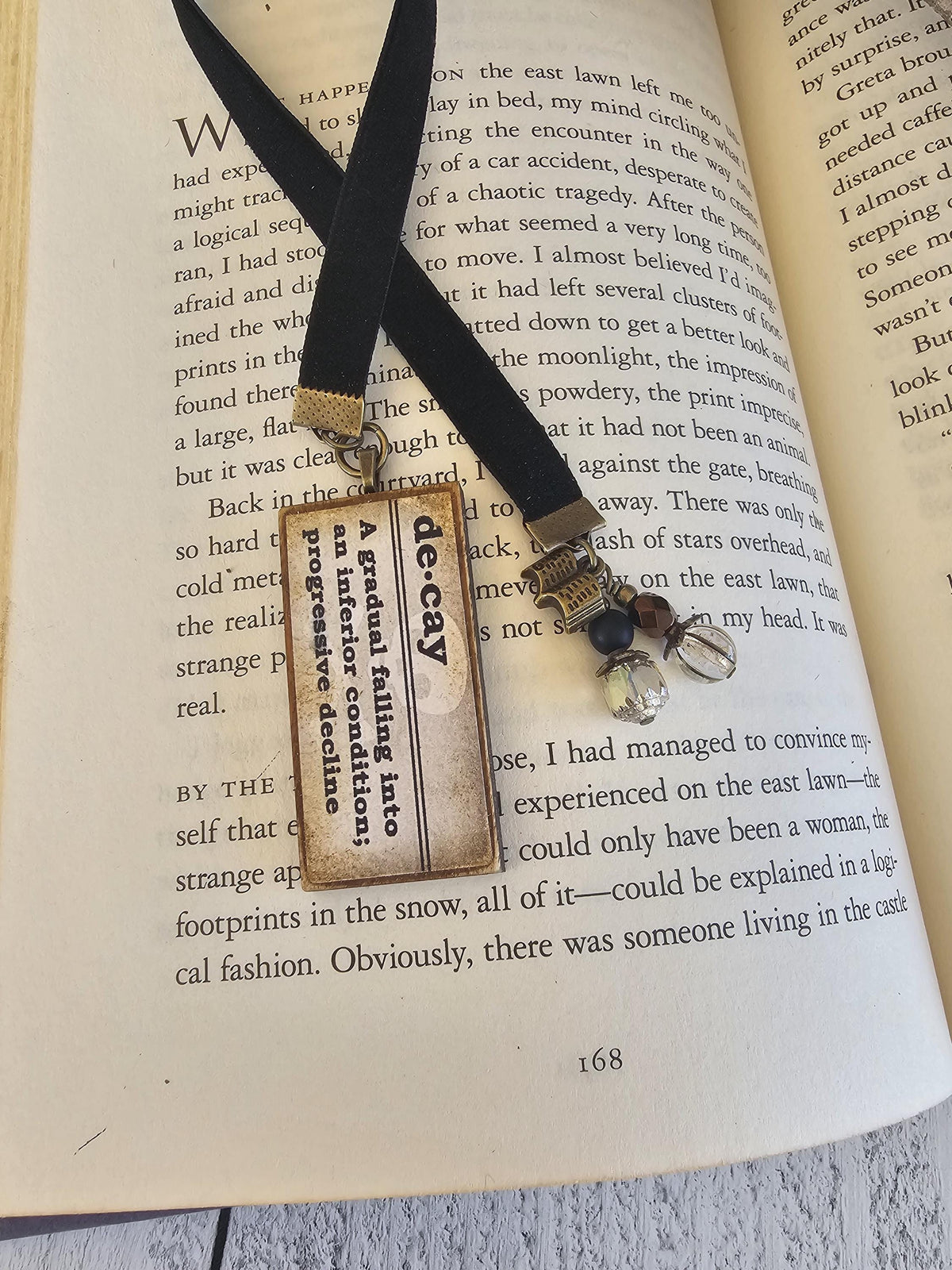 Dark Gothic Velvet Ribbon Bookmark with Pendant featuring Gothic Definitions Death, Decay, Omen, Morbid, Hex, Darkness, Unique Literary Gift