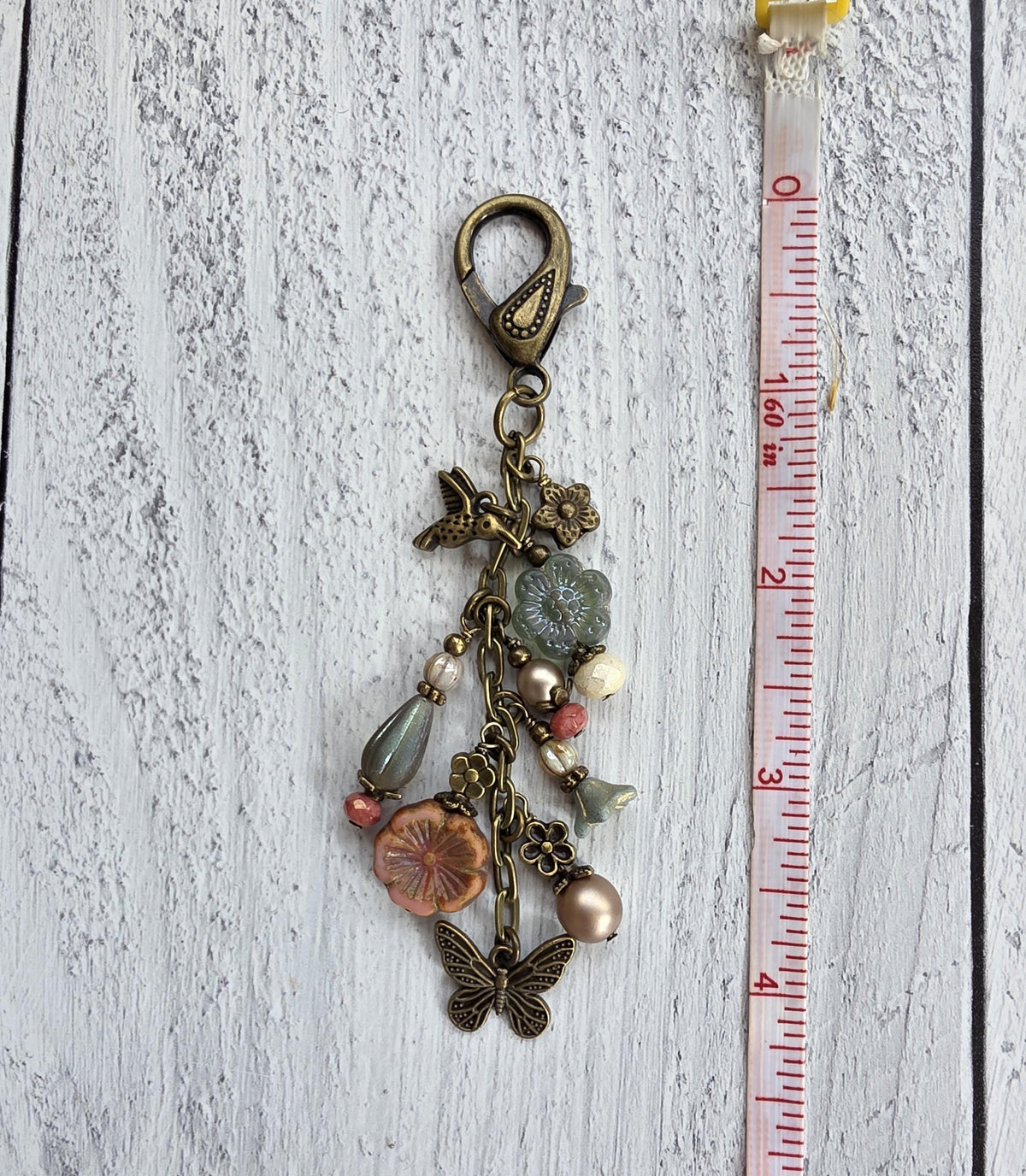 Boho Style Beaded Bag Charm Zipper Pull With Hummingbird and Butterfly Charms