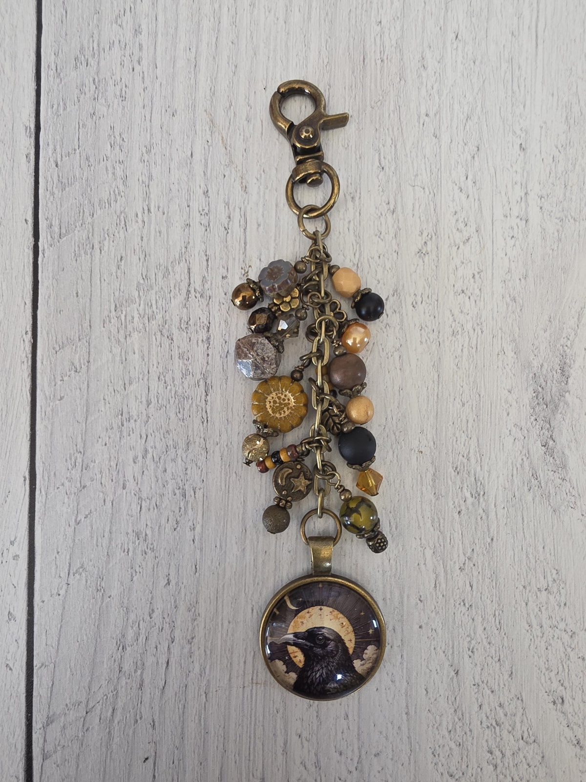 Sun and Raven Beaded Bag Charm, Celestial Purse Flair