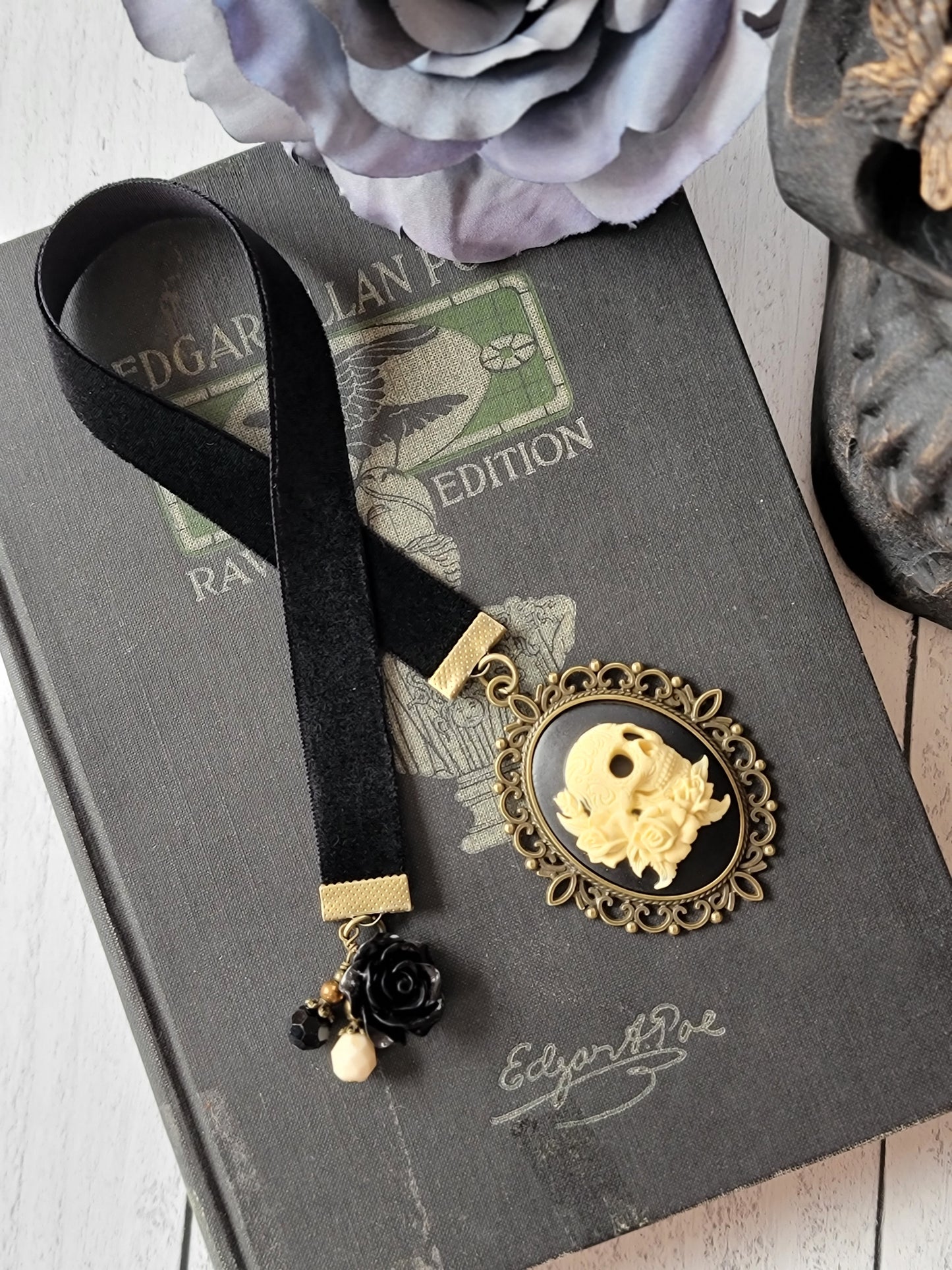 Gothic Skull Cameo Bookmark with Velvet Ribbon