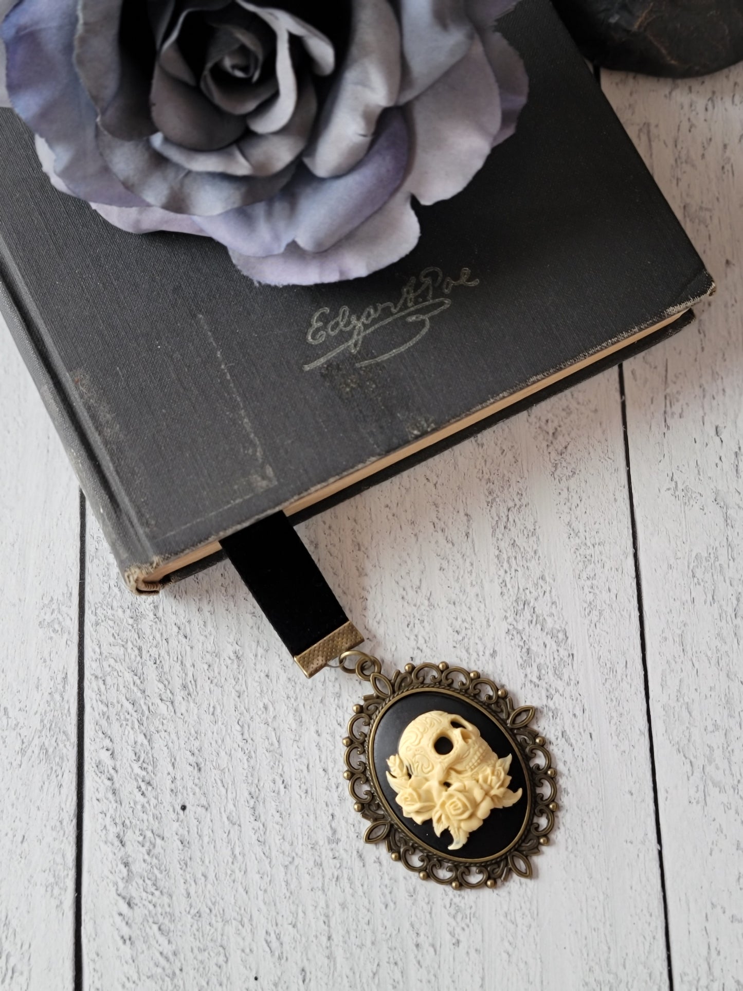 Gothic Skull Cameo Bookmark with Velvet Ribbon