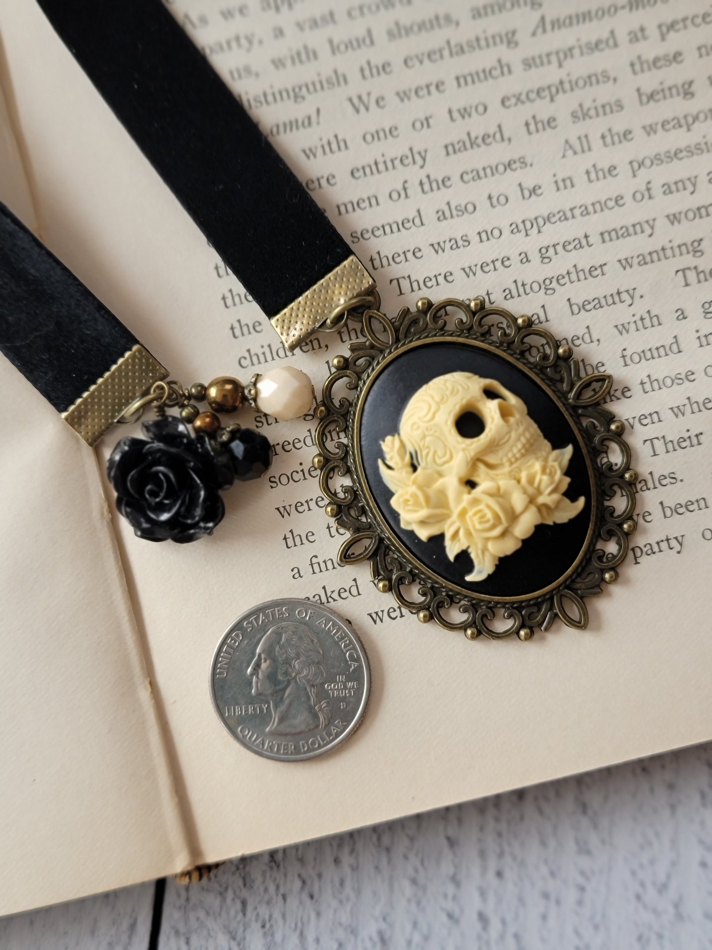Gothic Skull Cameo Bookmark with Velvet Ribbon