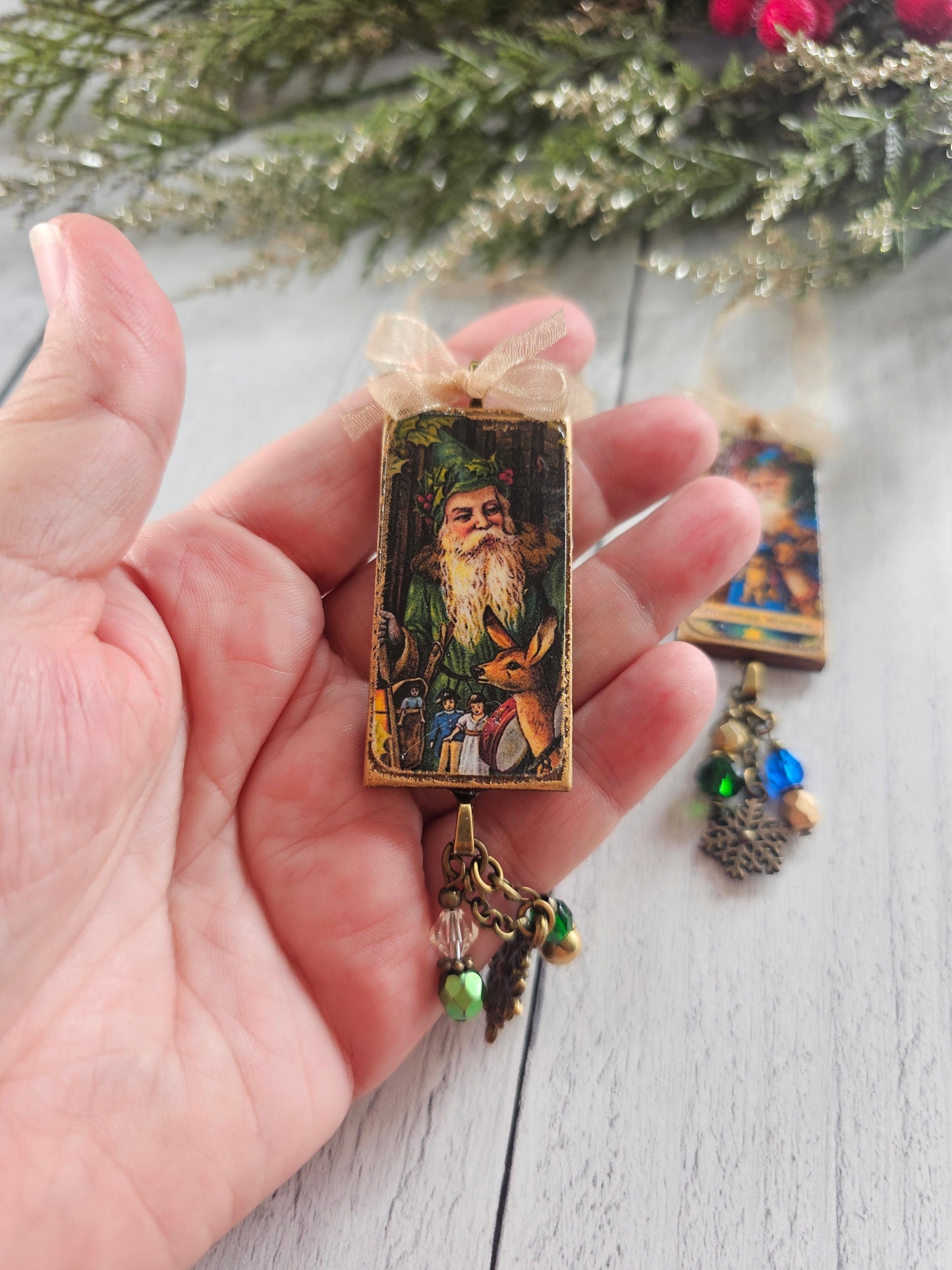 Christmas Ornaments, Woodland Vintage Santa, Buy 1 or Set of 3