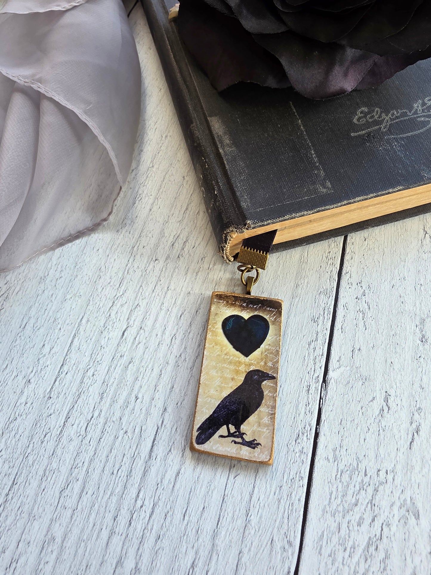 Black Raven Velvet Ribbon Bookmark