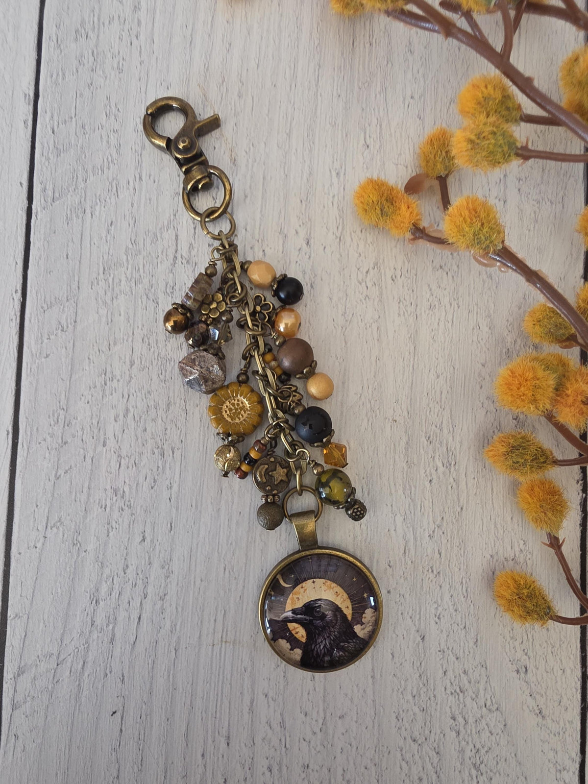 Sun and Raven Beaded Bag Charm, Celestial Purse Flair