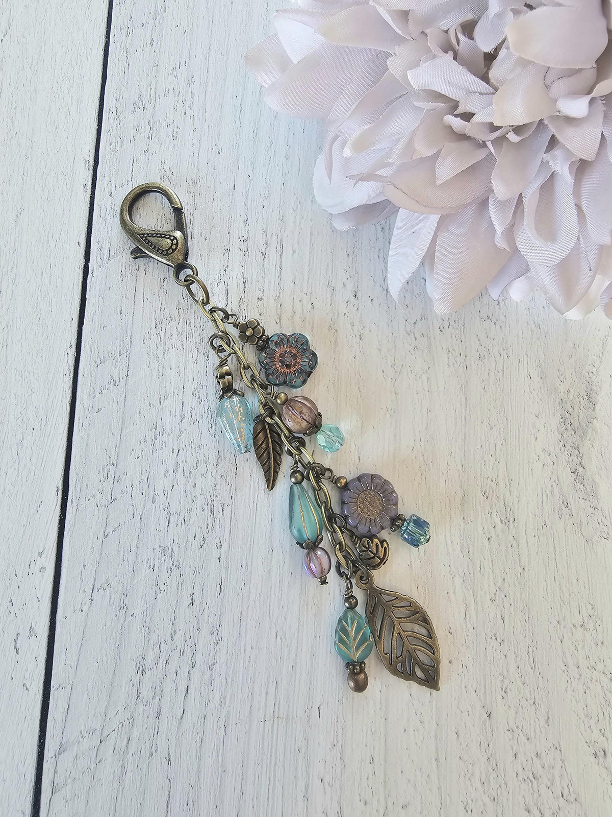 Boho Style Beaded Bag Charm Zipper Pull With Nature Theme, Flowers, Leaves