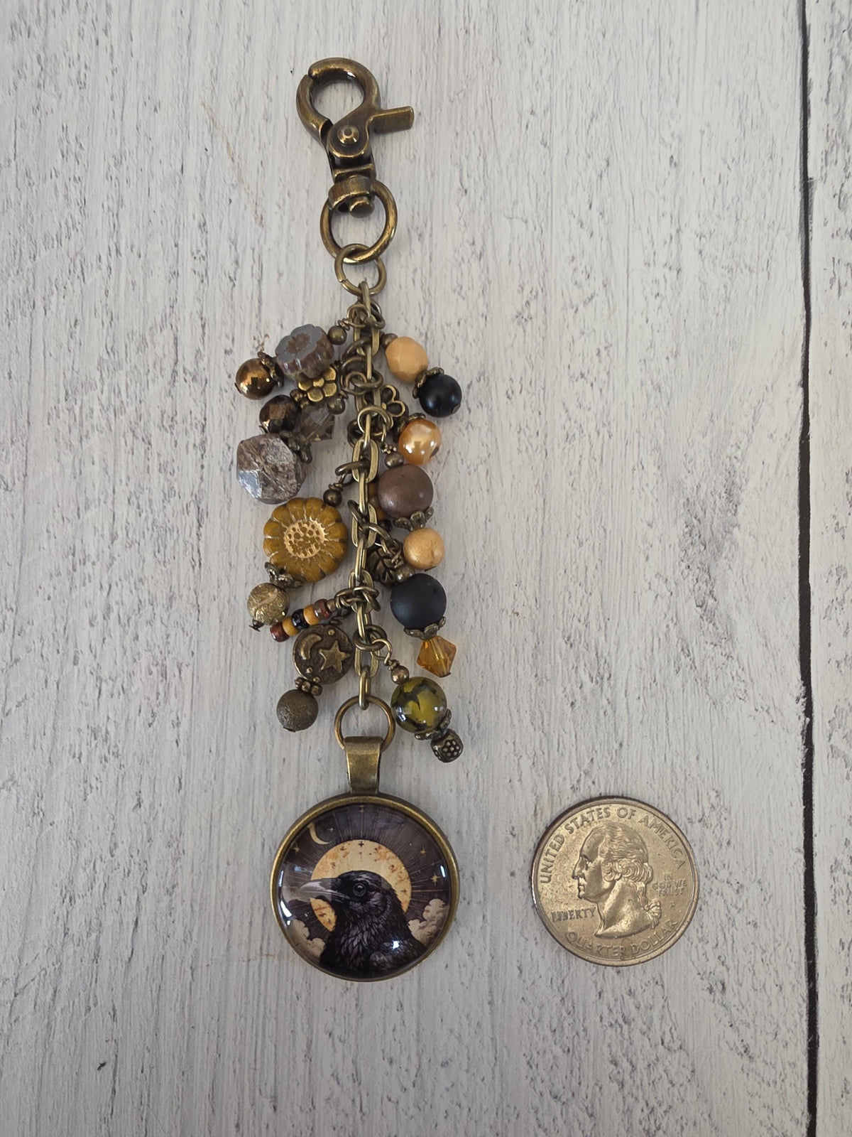 Sun and Raven Beaded Bag Charm, Celestial Purse Flair