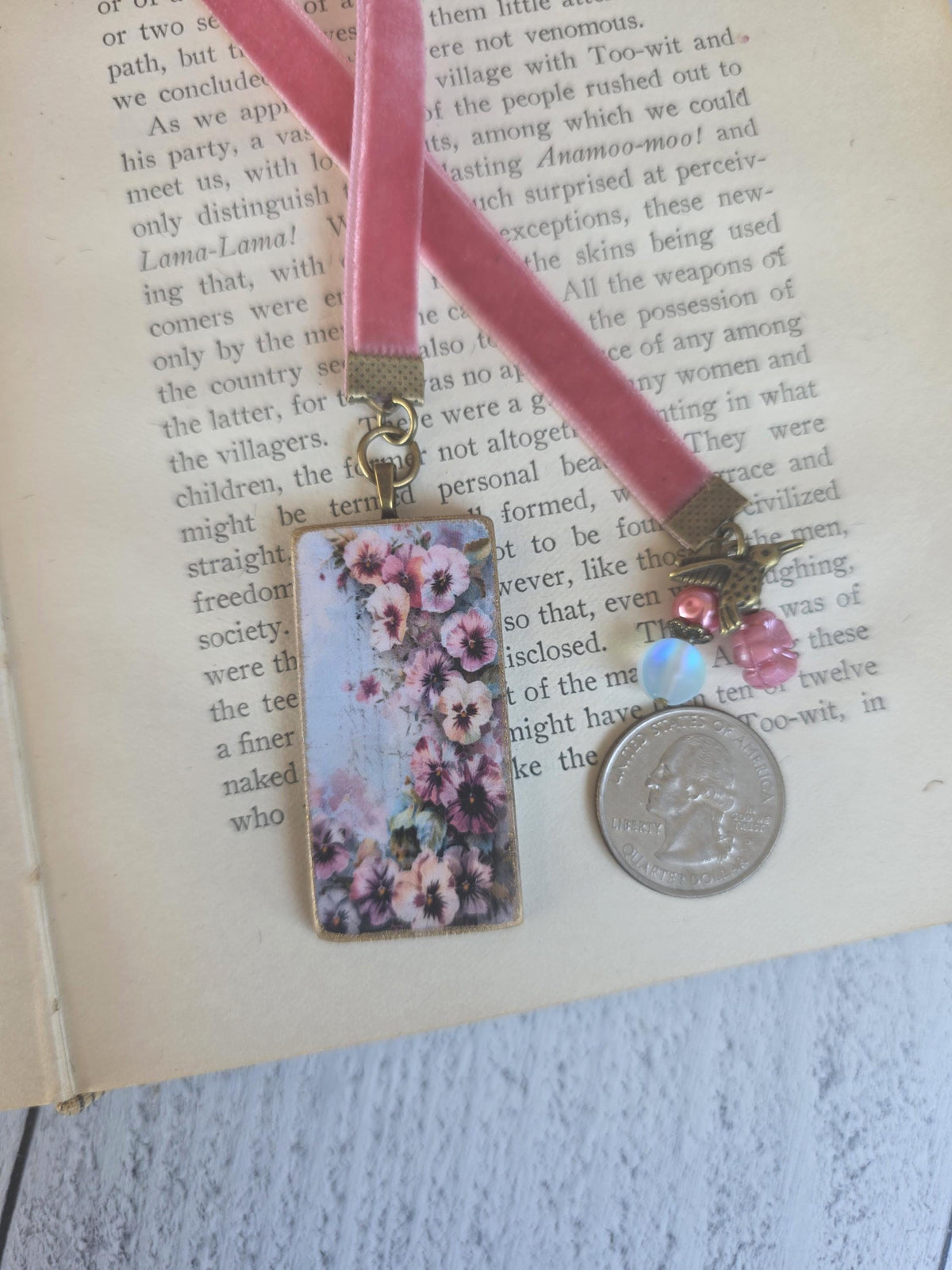 Flower Bookmark with Handmade Pansies Pendant