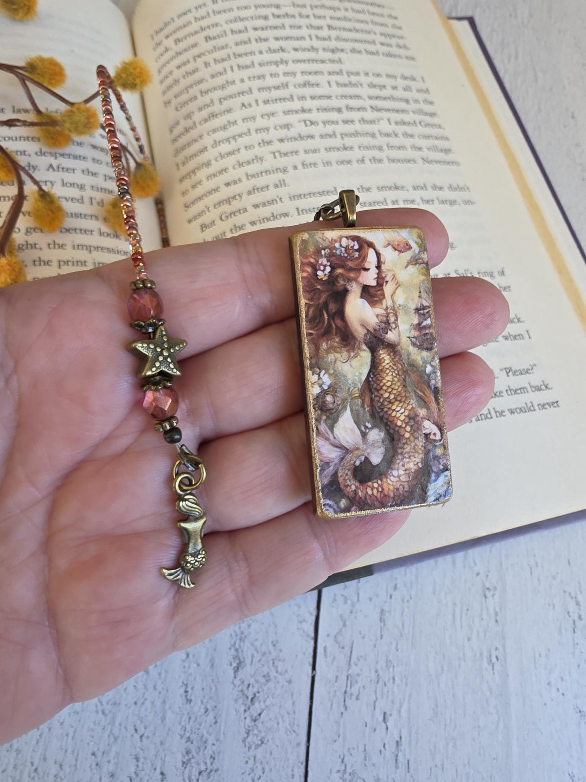 Bronze and Pink Mermaid Beaded Bookmark, Choose Your Length