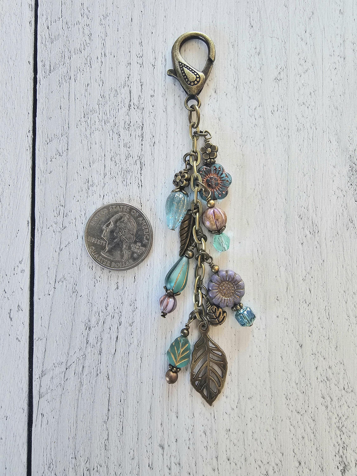 Boho Style Beaded Bag Charm Zipper Pull With Nature Theme, Flowers, Leaves