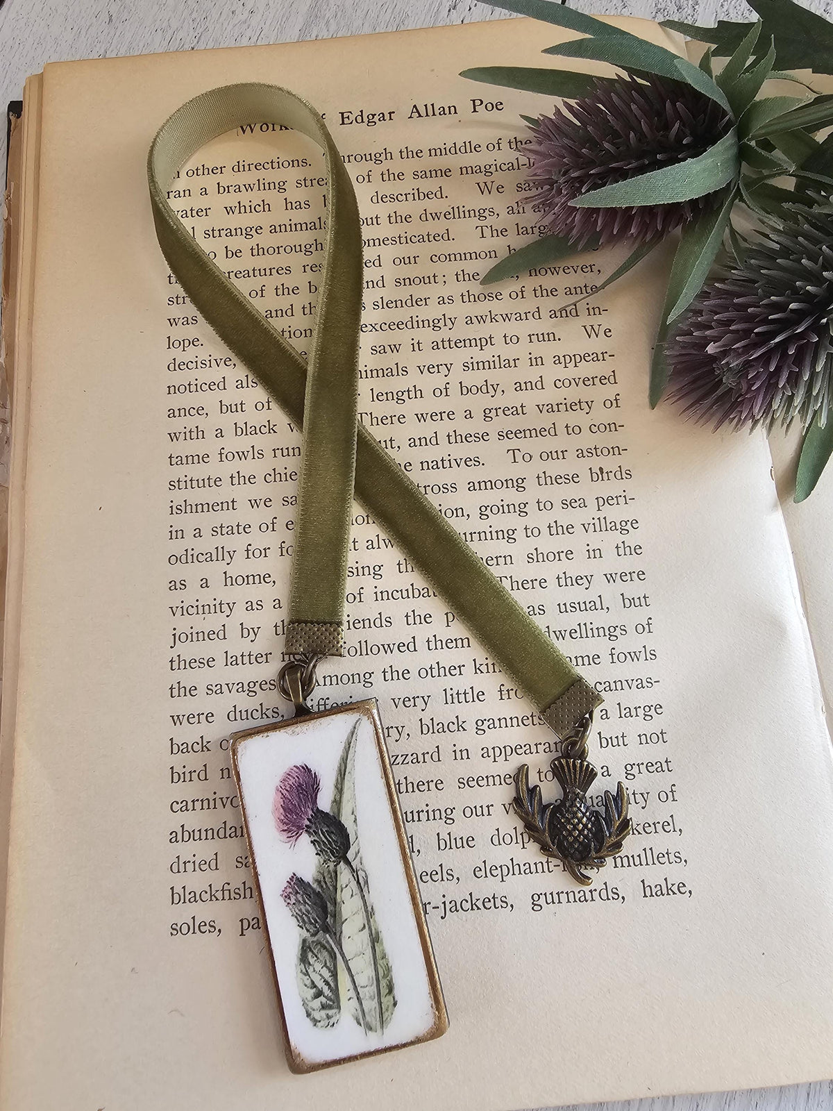 Scottish Thistle Velvet Bookmark: Bronze Vintage Botanical Pendant