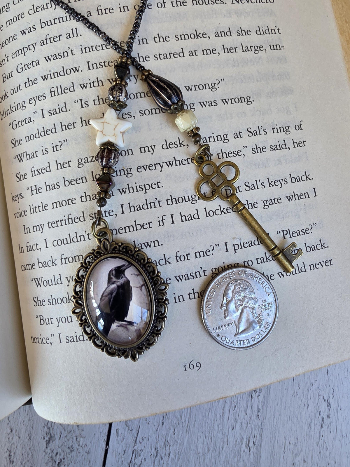 Raven And Bronze Key Bookmark With Velvet Ribbon