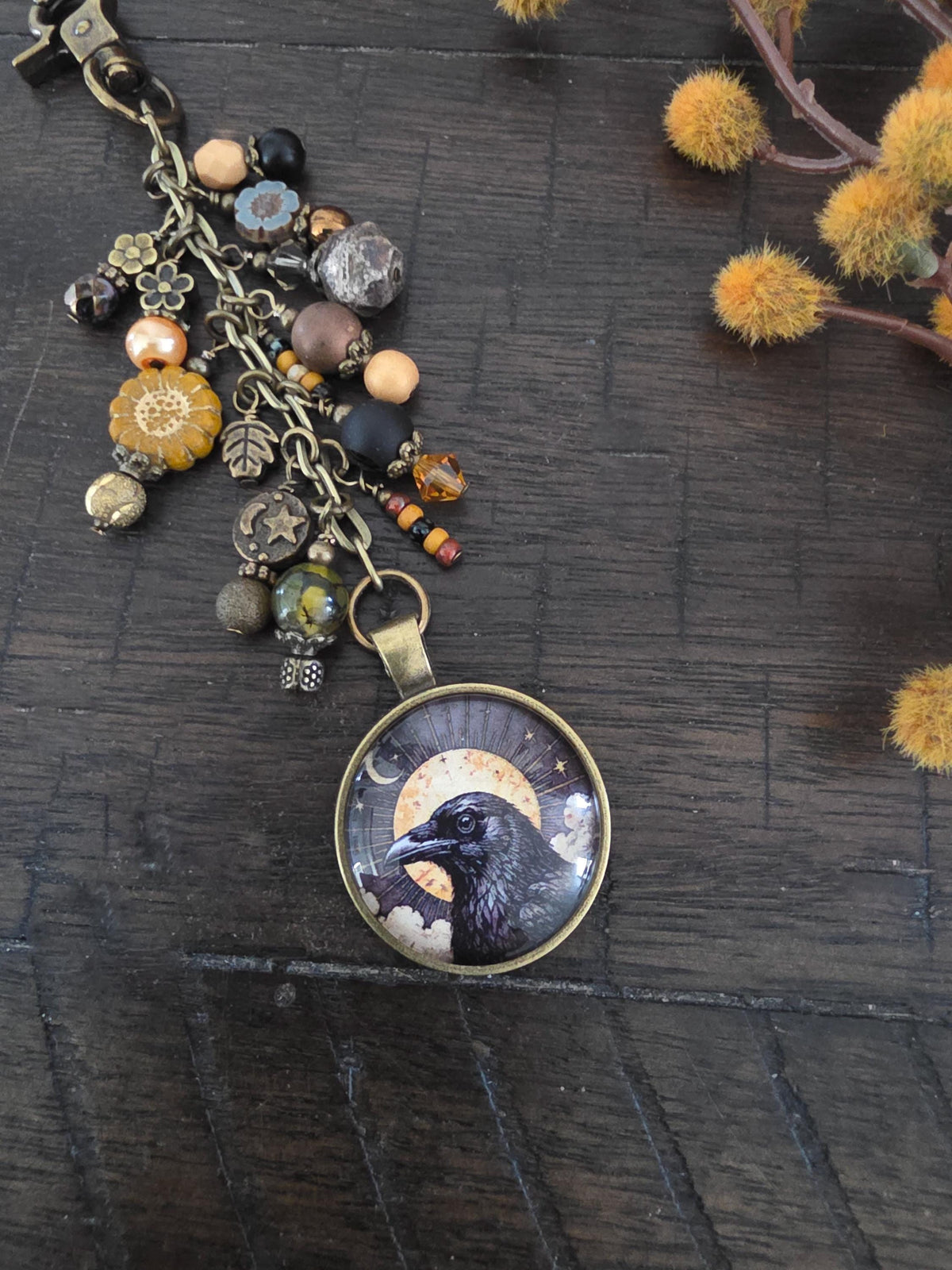 Sun and Raven Beaded Bag Charm, Celestial Purse Flair