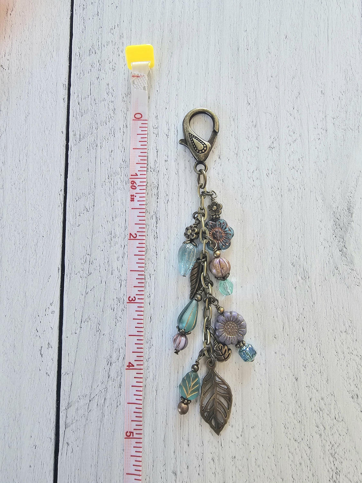 Boho Style Beaded Bag Charm Zipper Pull With Nature Theme, Flowers, Leaves