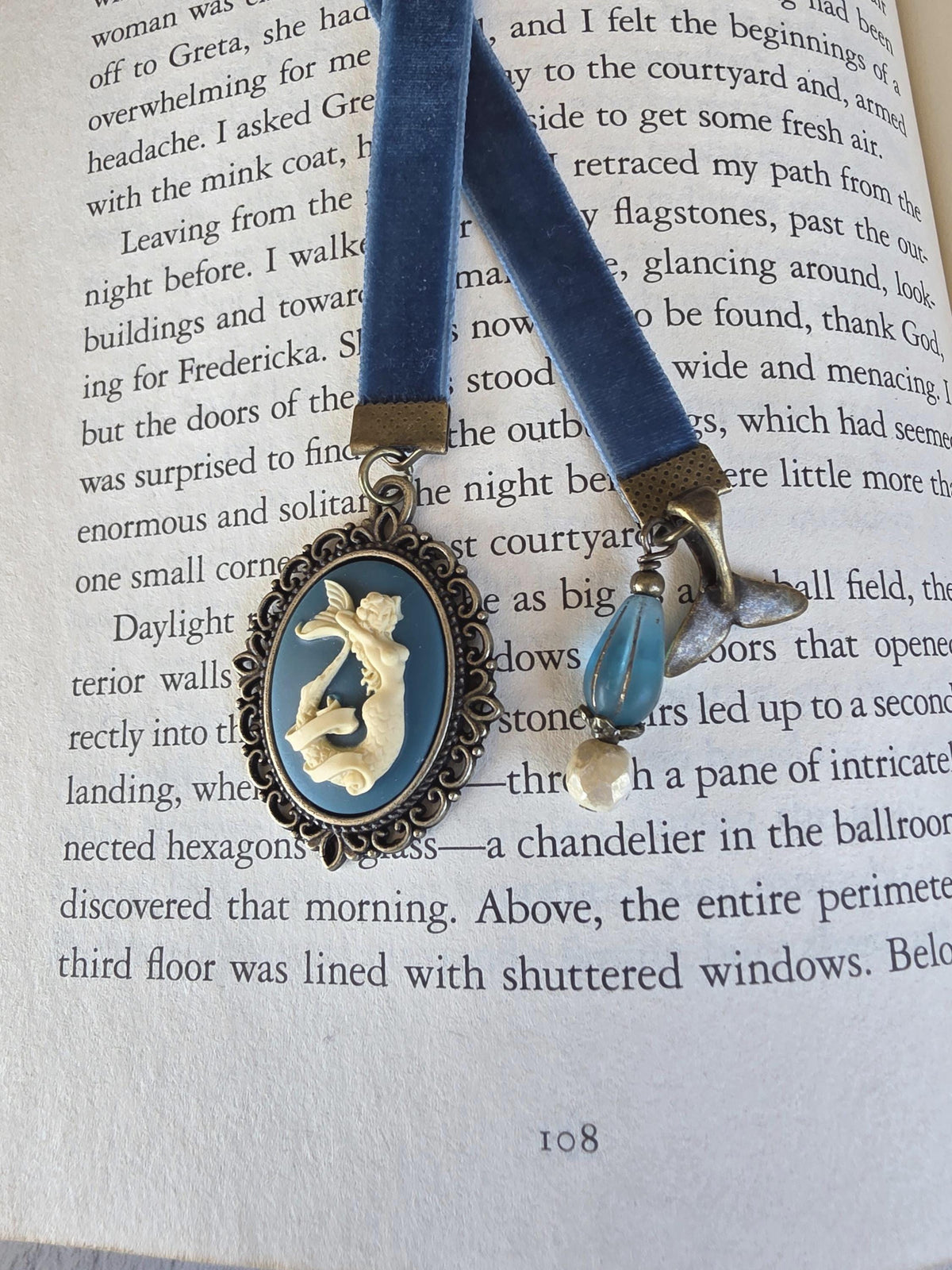 Teal Mermaid Cameo and Velvet Ribbon Bookmark, Choose Your Length