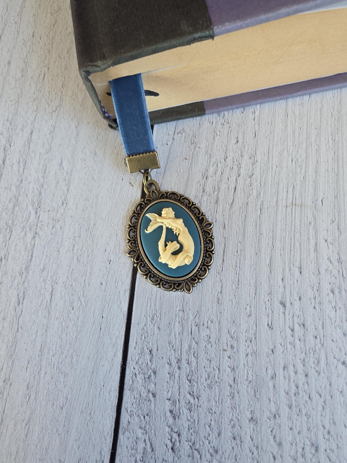 Teal Mermaid Cameo and Velvet Ribbon Bookmark, Choose Your Length