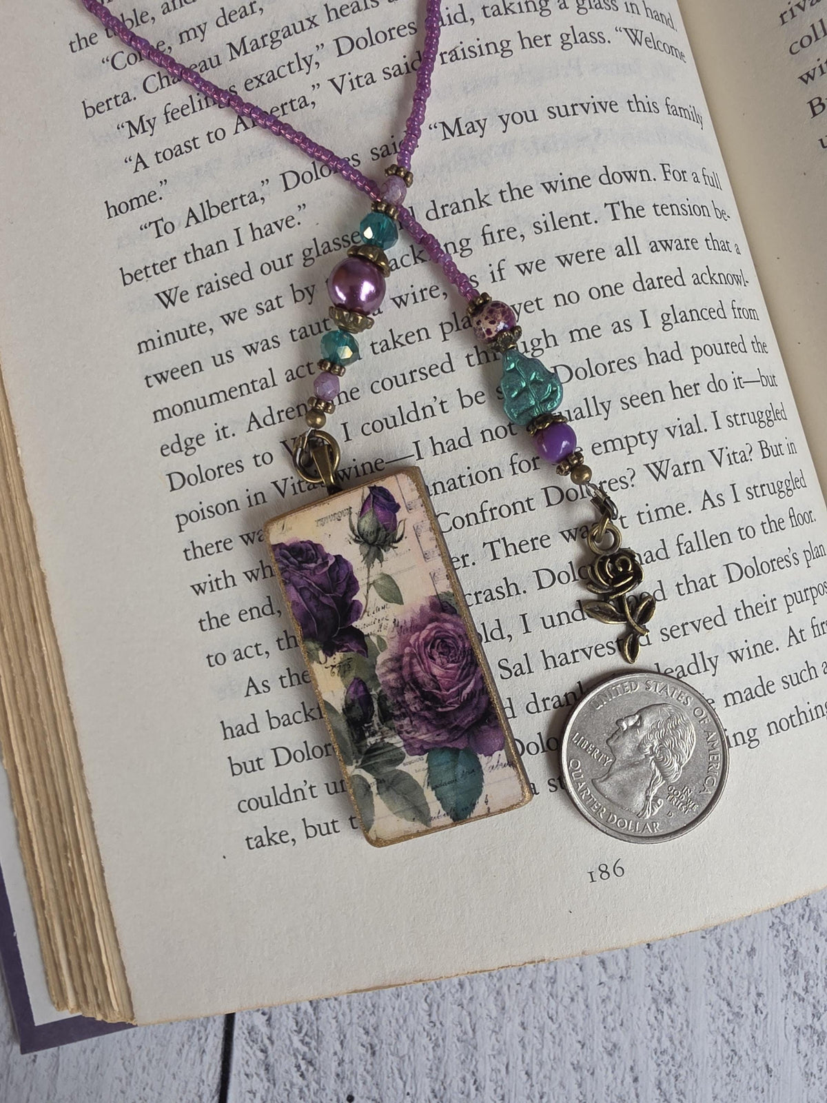 Purple Rose Beaded Bookmark With Handmade Floral Pendant