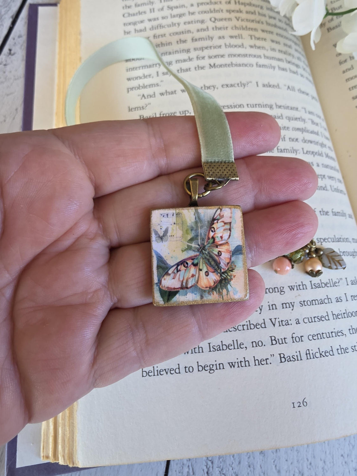 Velvet Ribbon Bookmark With Handmade Moth Pendant