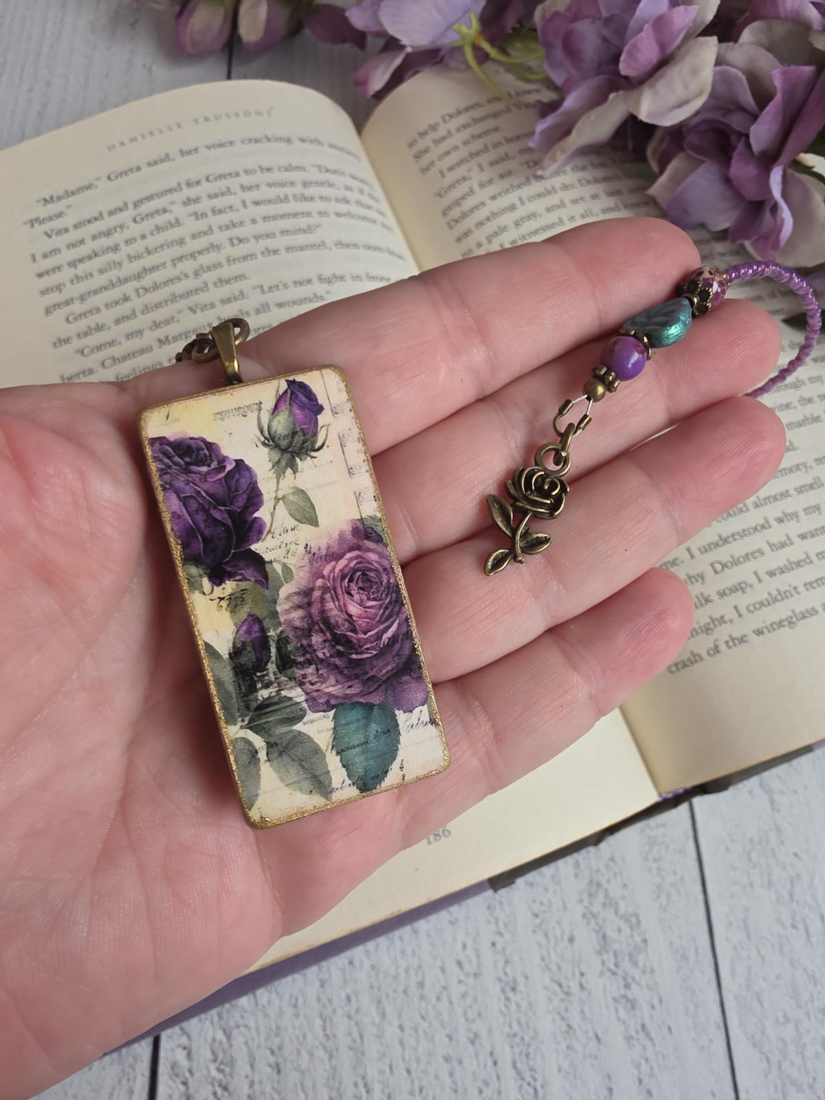 Purple Rose Beaded Bookmark With Handmade Floral Pendant