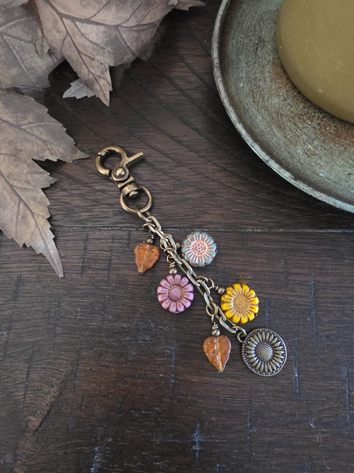 Sunflower Bag Charm With Glass Bead, Choose Your Color Combo