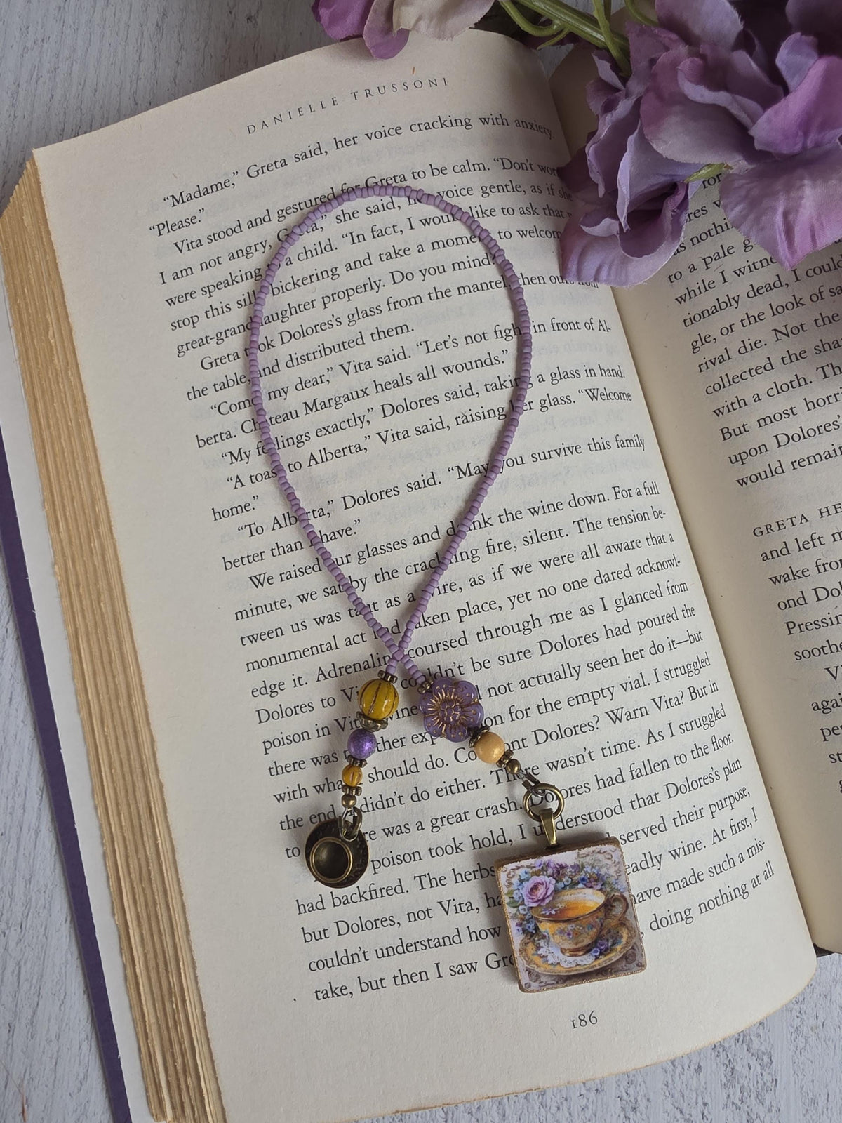 Tea or Coffee Themed Beaded Bookmark With Handmade Tea Cup Picture Pendant