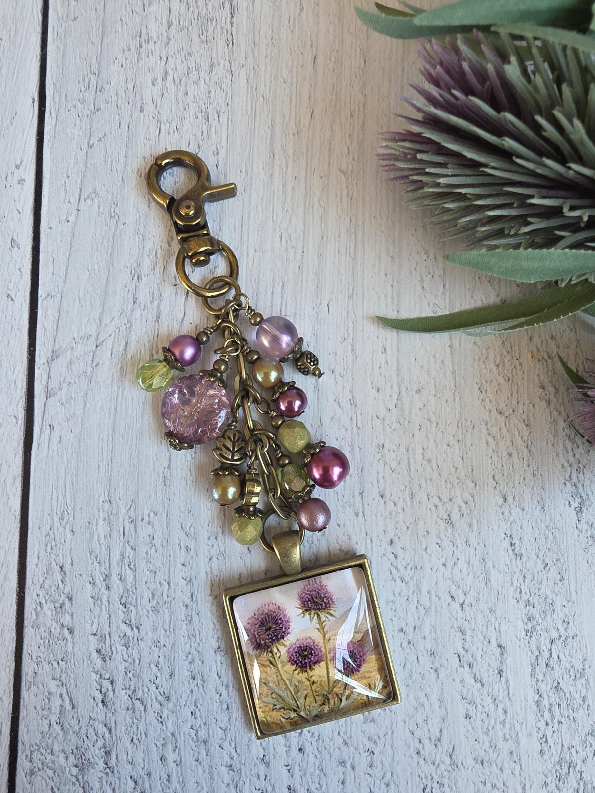 Beaded Bag Charm With Thistle Theme, Purse Flair