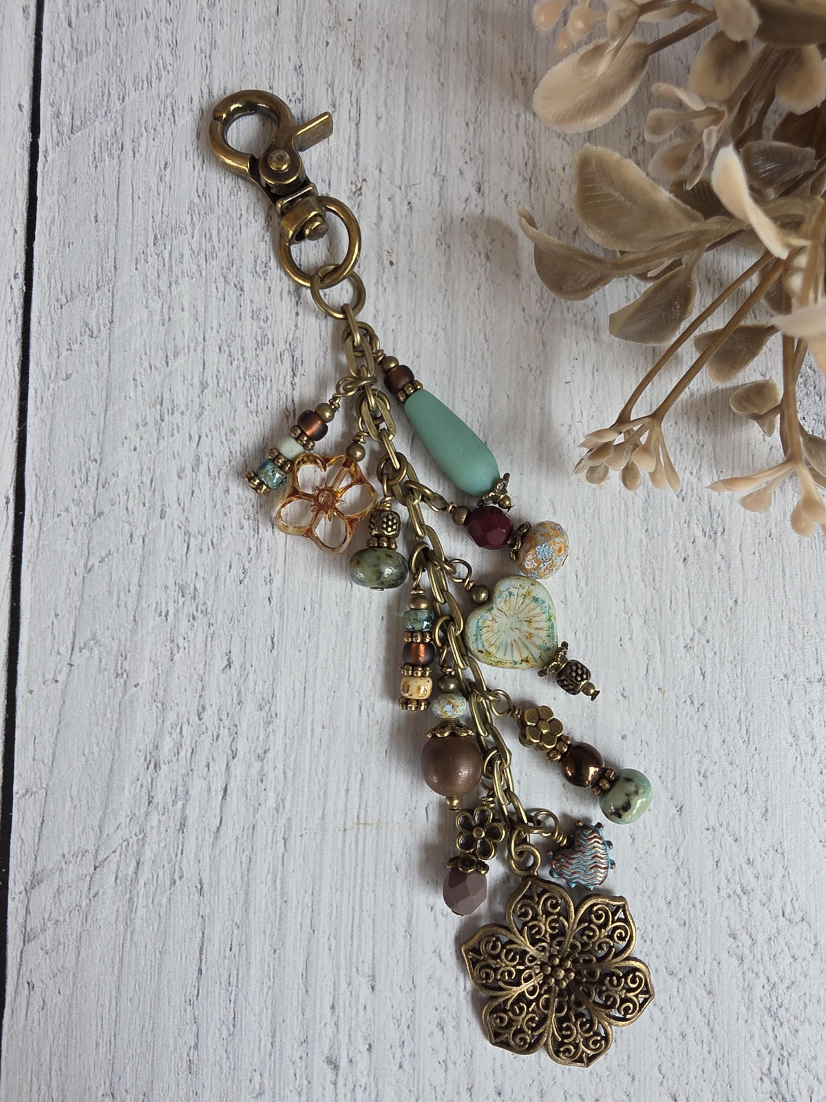 Boho Beaded Bag Charm, Hearts and Flowers in Blue and Brown