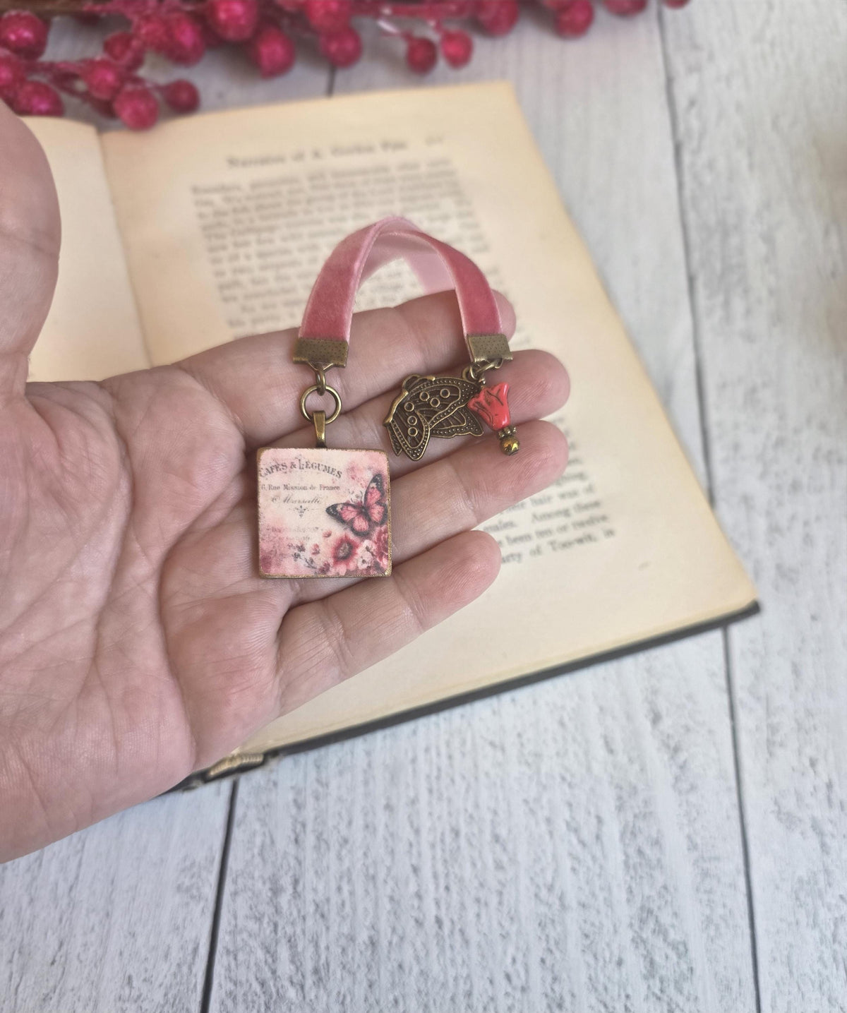 Bookmark With Handmade Butterfly Pendant and Velvet Ribbon