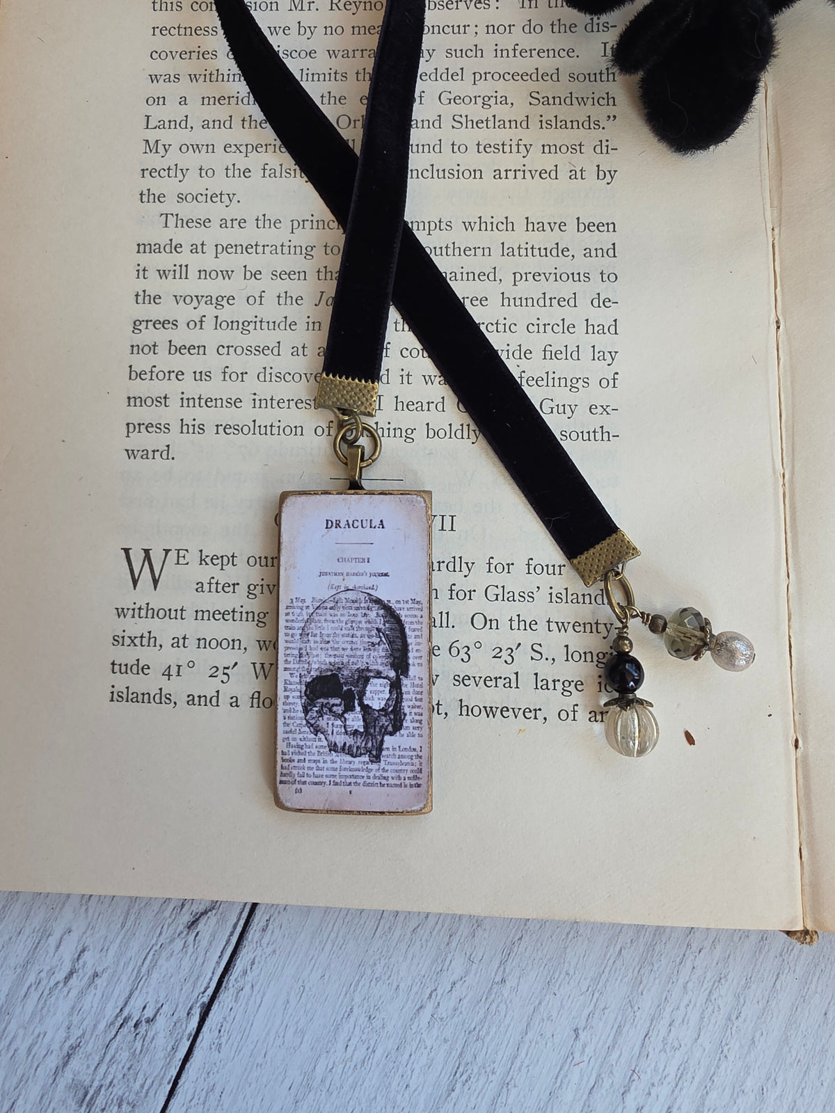 A pair of black velvet-strapped bookmarks with a skull design, resting on top of an open book with text visible.