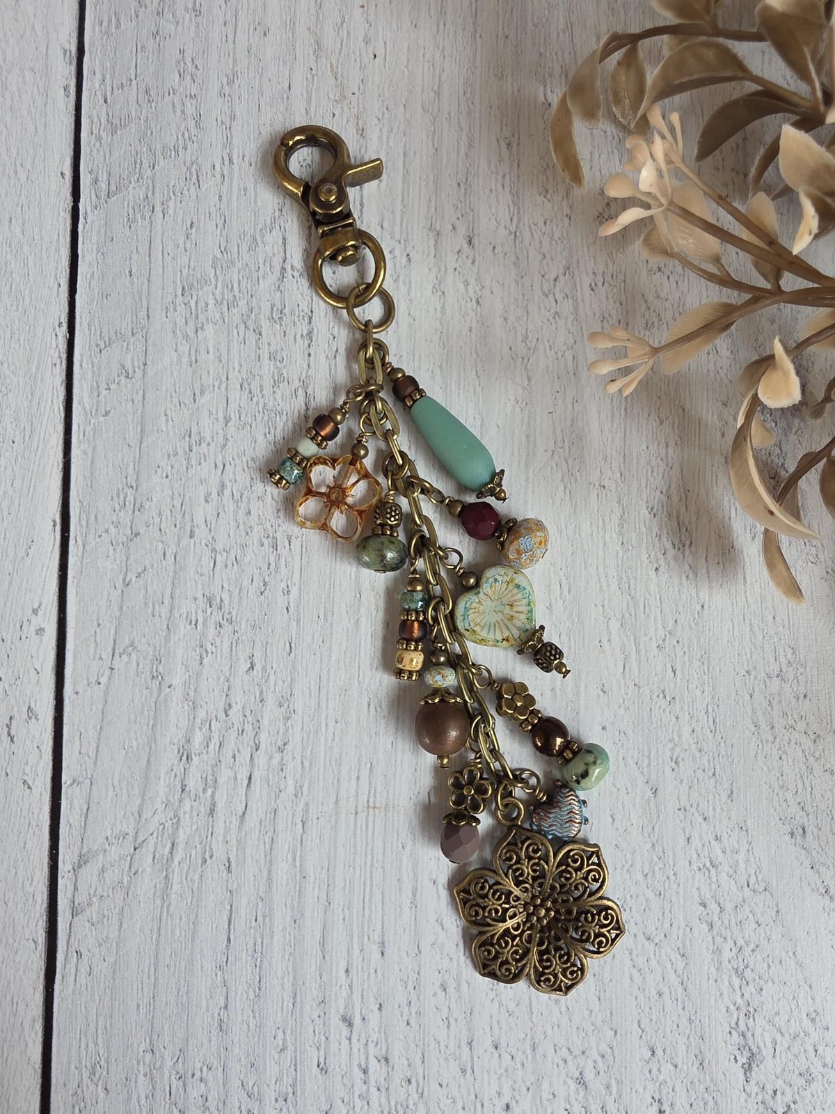 Boho Beaded Bag Charm, Hearts and Flowers in Blue and Brown