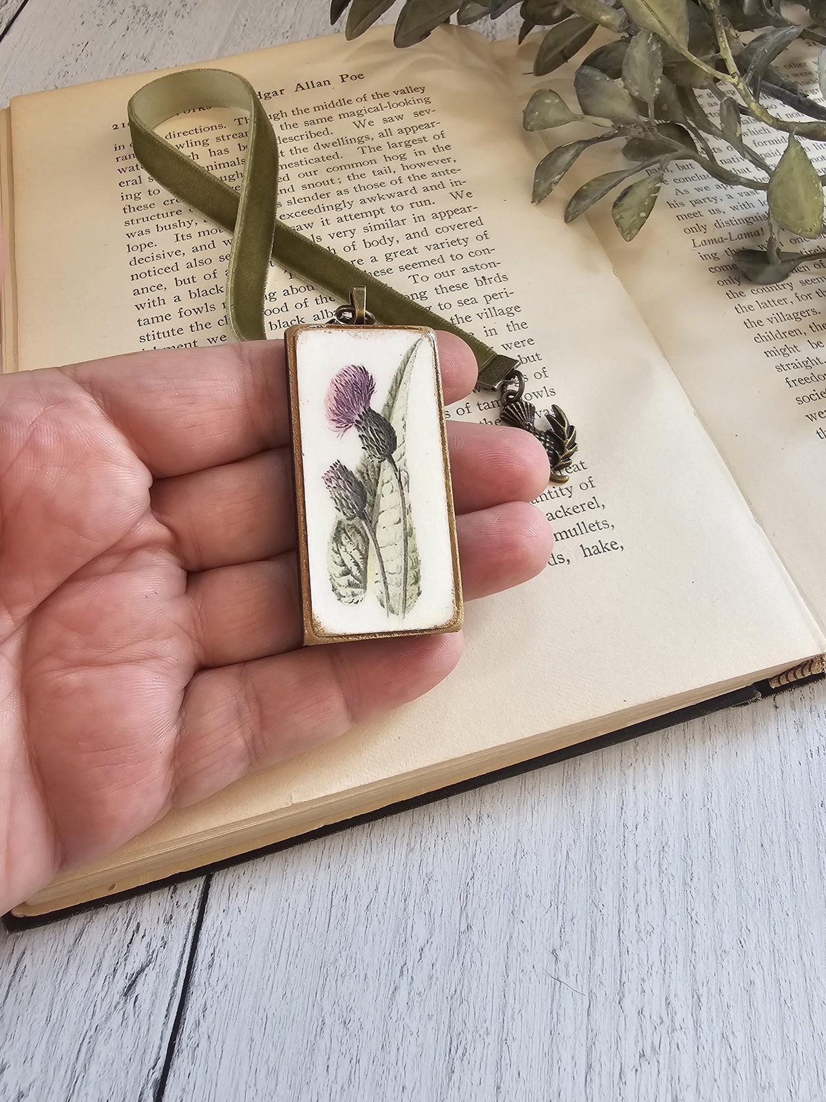 Scottish Thistle Velvet Bookmark: Bronze Vintage Botanical Pendant