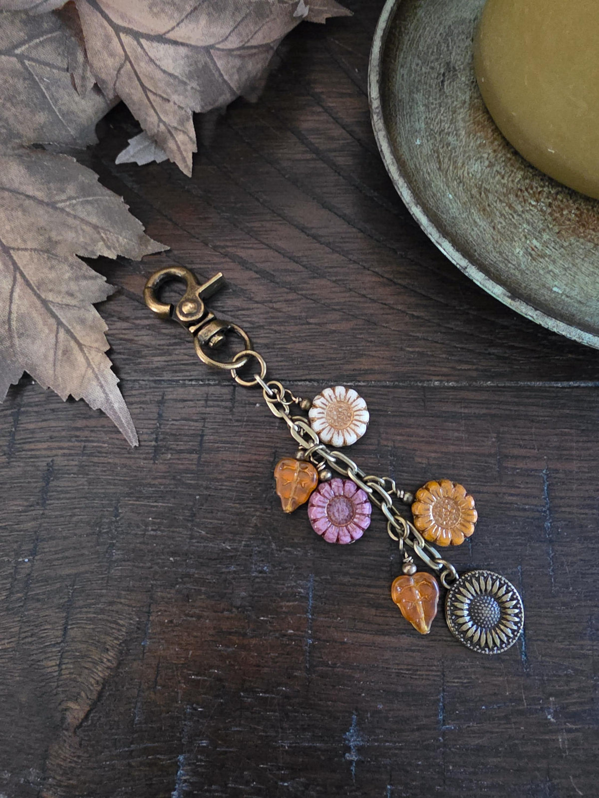 Sunflower Bag Charm With Glass Bead, Choose Your Color Combo
