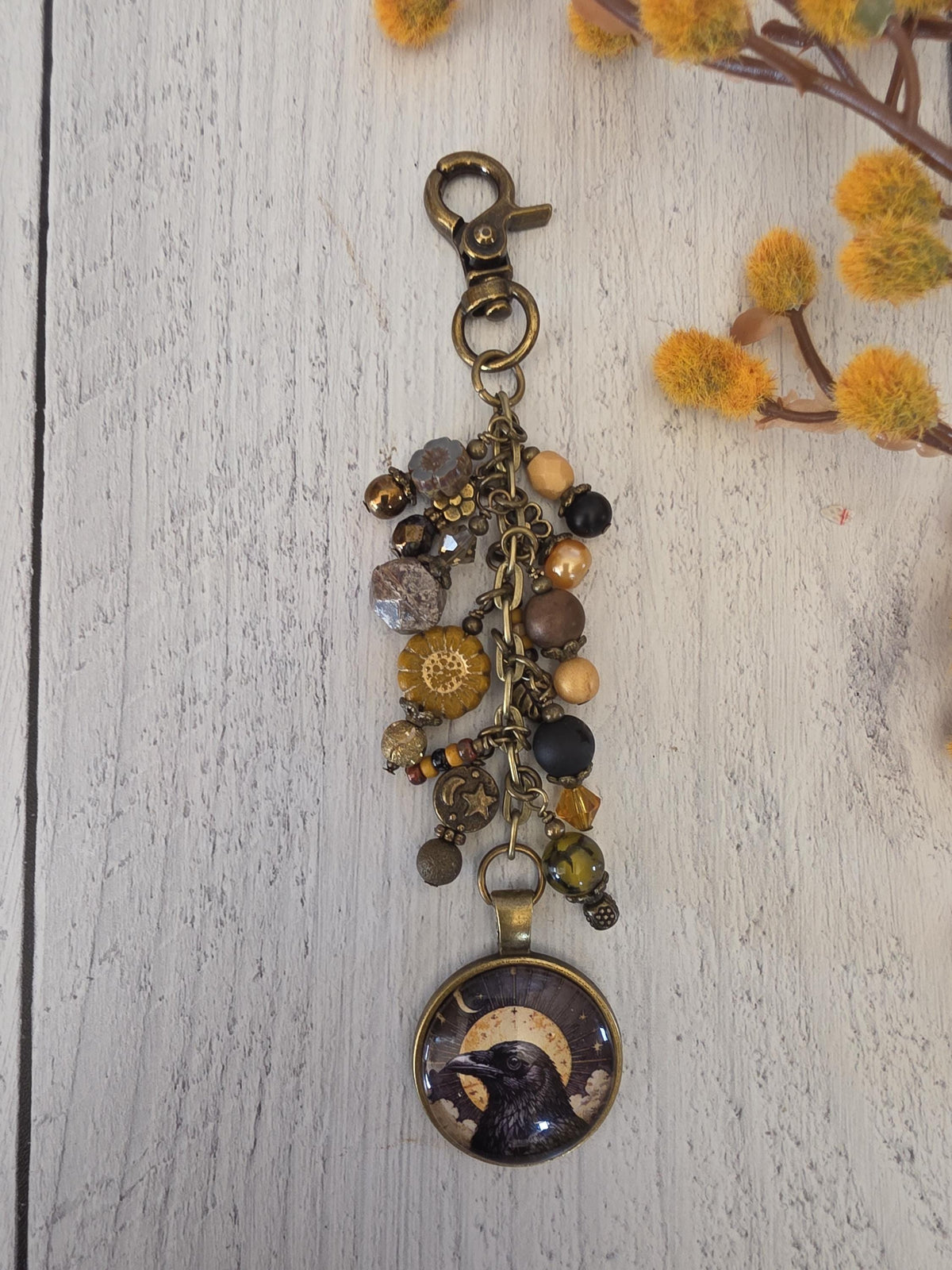 Sun and Raven Beaded Bag Charm, Celestial Purse Flair