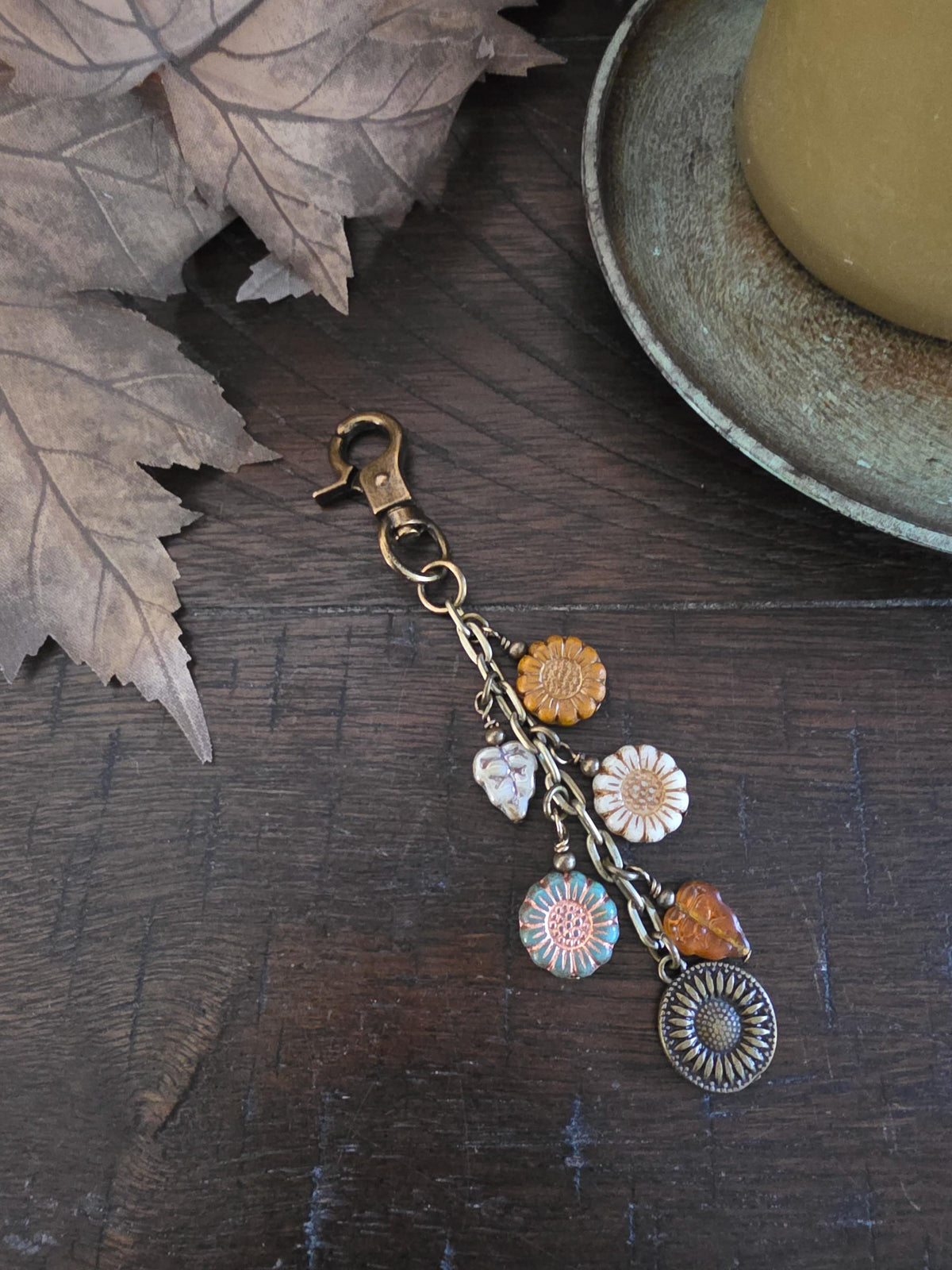 Sunflower Bag Charm With Glass Bead, Choose Your Color Combo