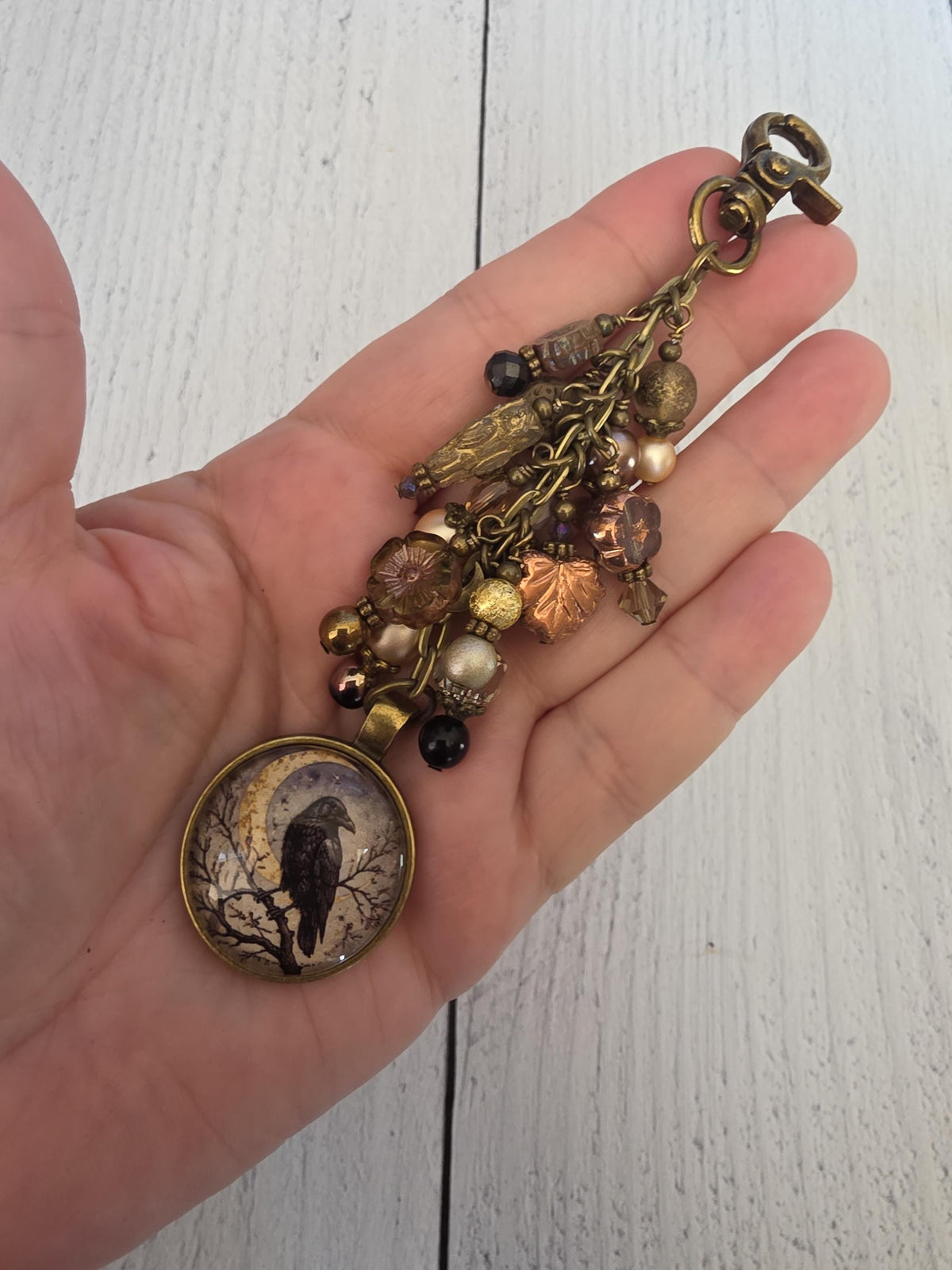 Crescent Moon And Raven Bag Bling, Beaded Purse Charm