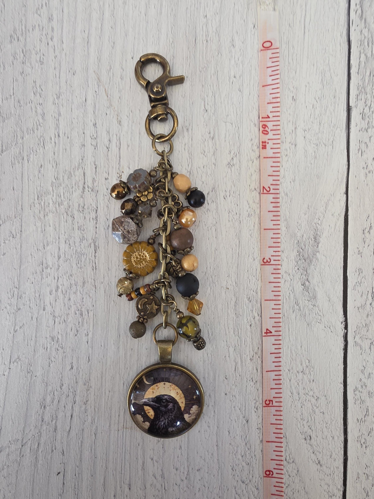 Sun and Raven Beaded Bag Charm, Celestial Purse Flair