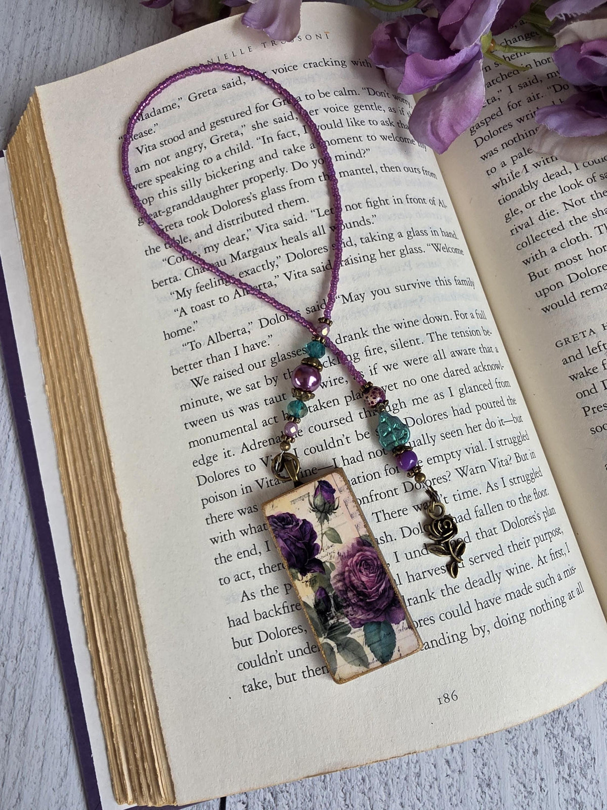 Purple Rose Beaded Bookmark With Handmade Floral Pendant
