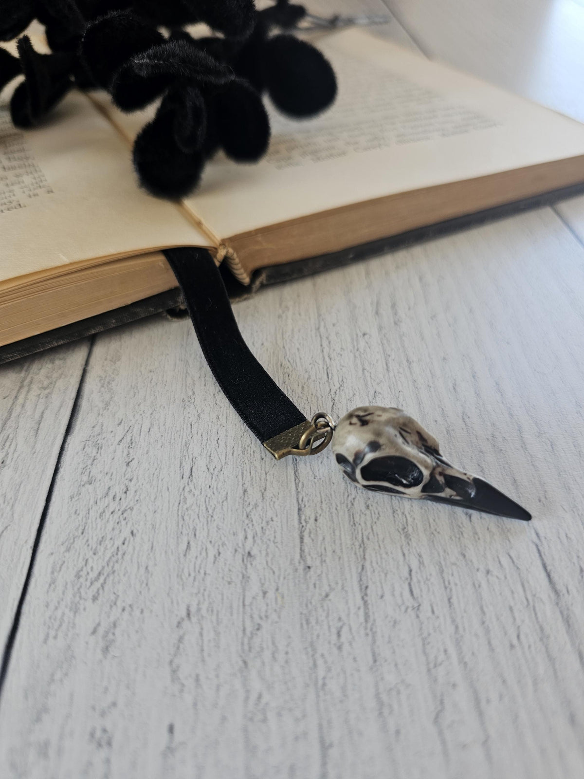 Raven Skull Bookmark with Elegant Flower Bauble Charm - Gothic Inspired Reading Accessory