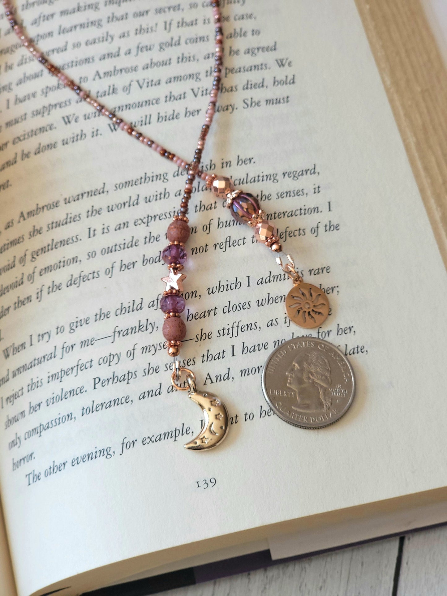 Rose Gold Plated Celestial Beaded Bookmark, Perfect for Book Lovers
