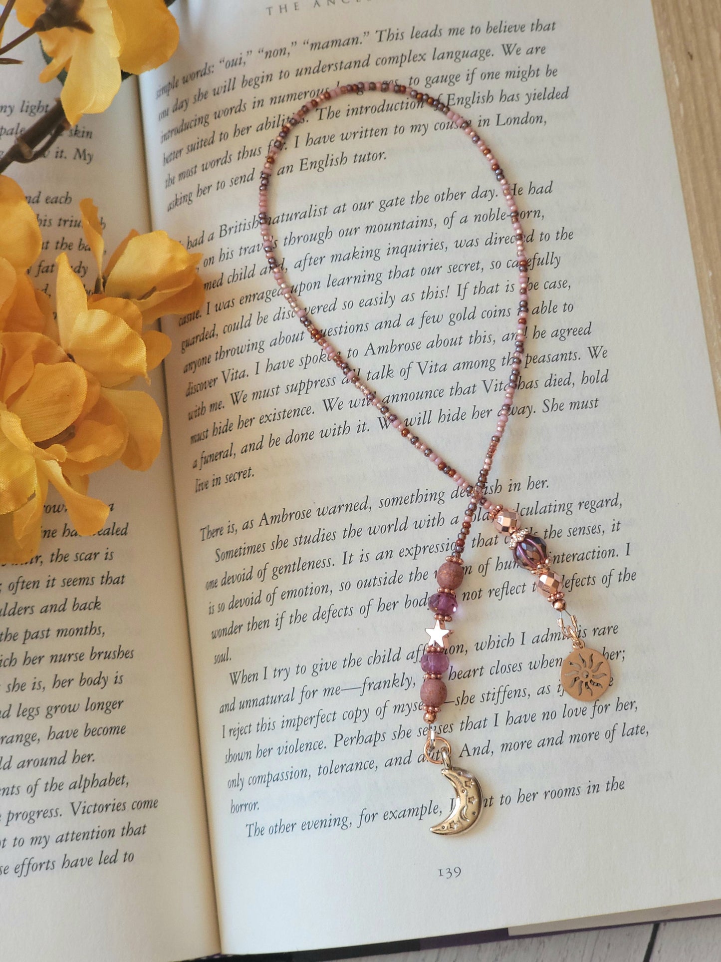 Rose Gold Plated Celestial Beaded Bookmark, Perfect for Book Lovers