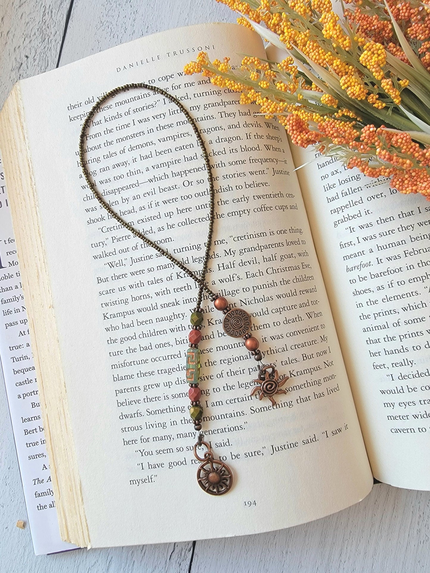 Aztec Style Sun Theme Beaded Bookmark, Copper Plated Reader Gift