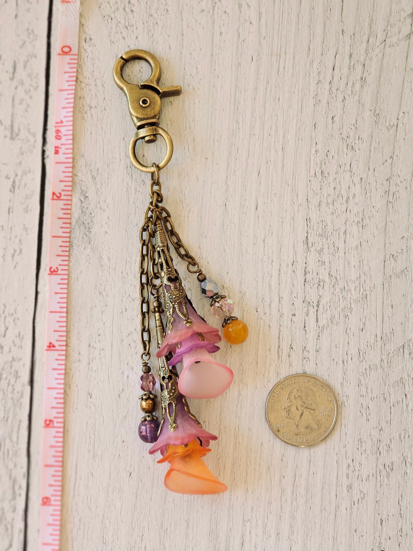 Flower Bag Charm, Vintage Style Purse Zipper Pull, Hand Detailed Floral and Beaded Bag Accessory