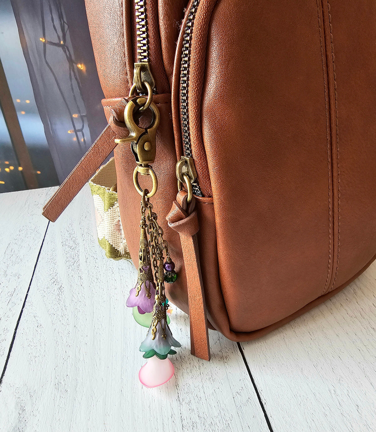 Flower Bag Charm, Vintage Style Purse Zipper Pull, Hand Detailed Floral and Beaded Bag Accessory