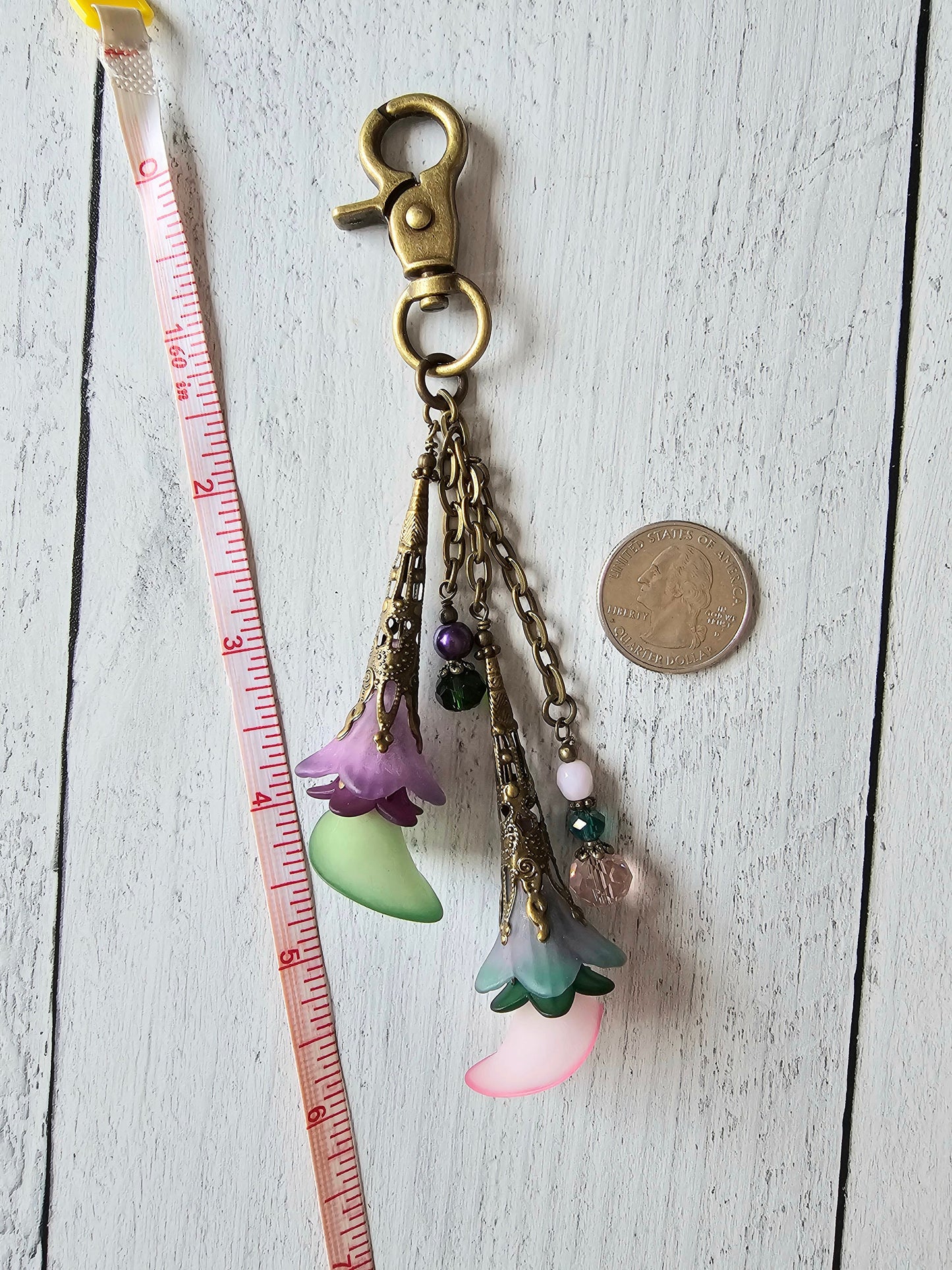Flower Bag Charm, Vintage Style Purse Zipper Pull, Hand Detailed Floral and Beaded Bag Accessory
