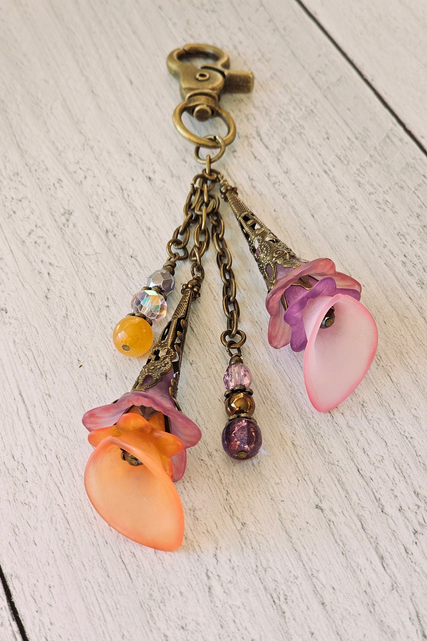 Flower Bag Charm, Vintage Style Purse Zipper Pull, Hand Detailed Floral and Beaded Bag Accessory
