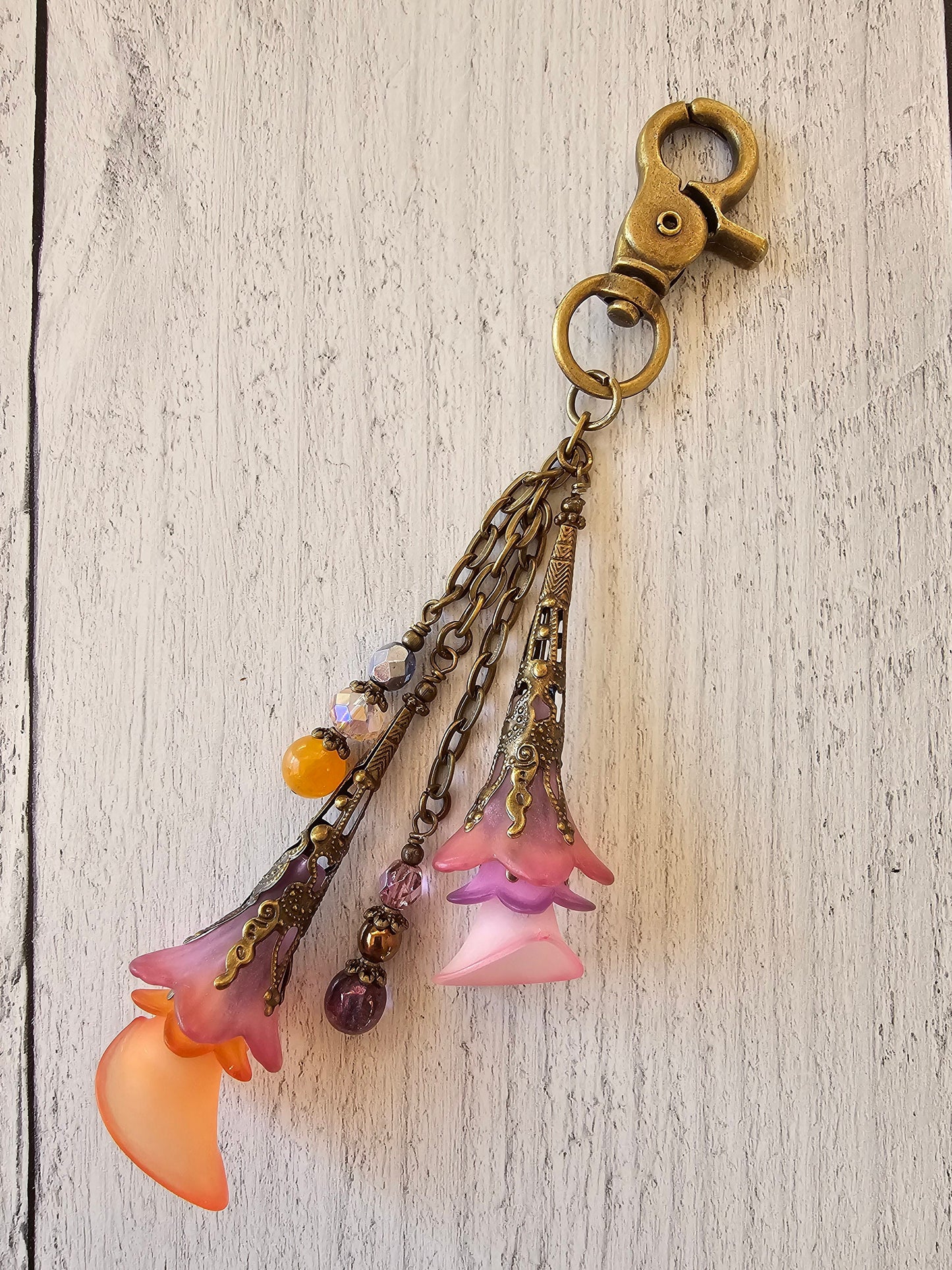 Flower Bag Charm, Vintage Style Purse Zipper Pull, Hand Detailed Floral and Beaded Bag Accessory