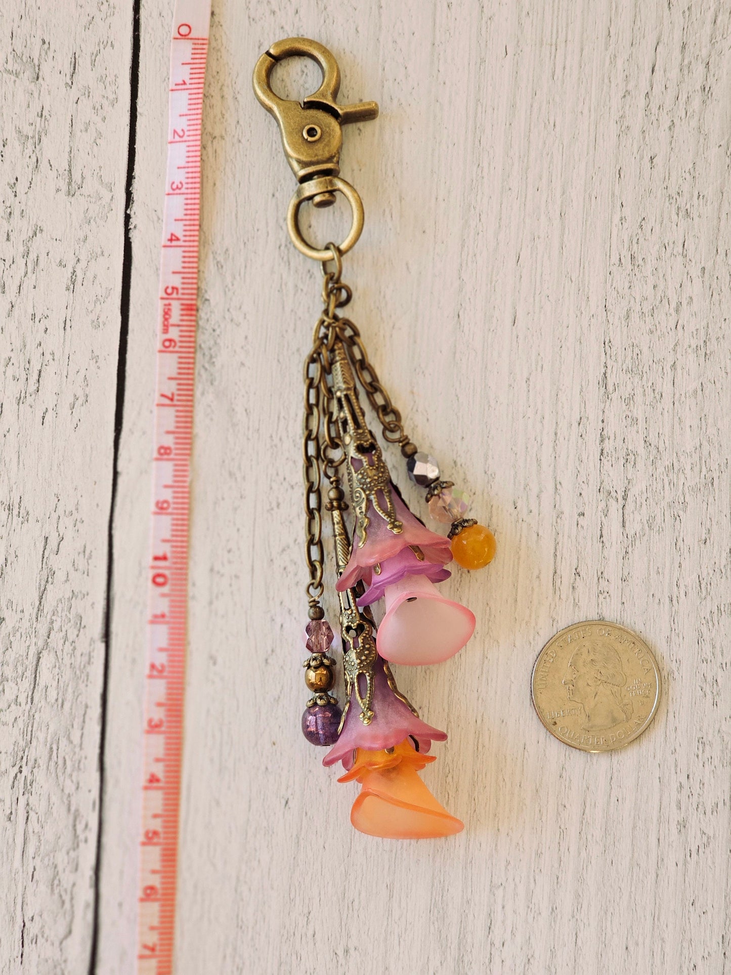 Flower Bag Charm, Vintage Style Purse Zipper Pull, Hand Detailed Floral and Beaded Bag Accessory