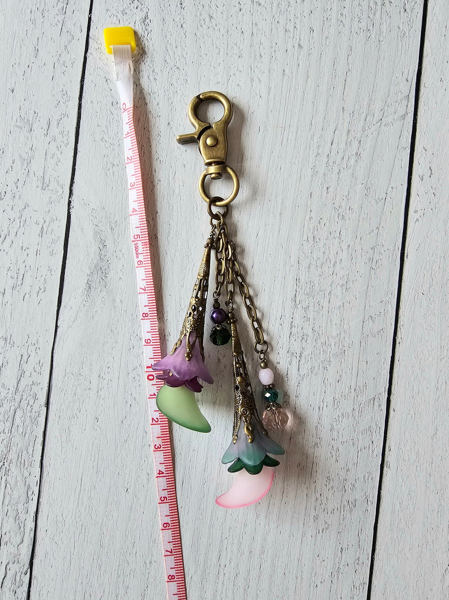 Flower Bag Charm, Vintage Style Purse Zipper Pull, Hand Detailed Floral and Beaded Bag Accessory